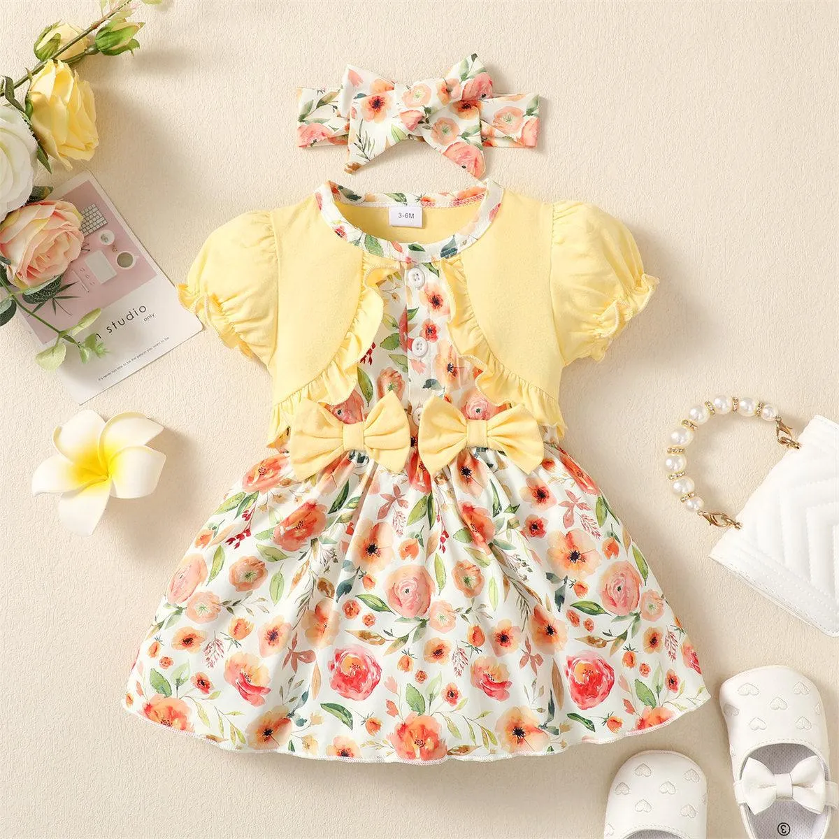 Baby Kids' New Floral Yellow Bubble Sleeve Dress 2-Piece Set