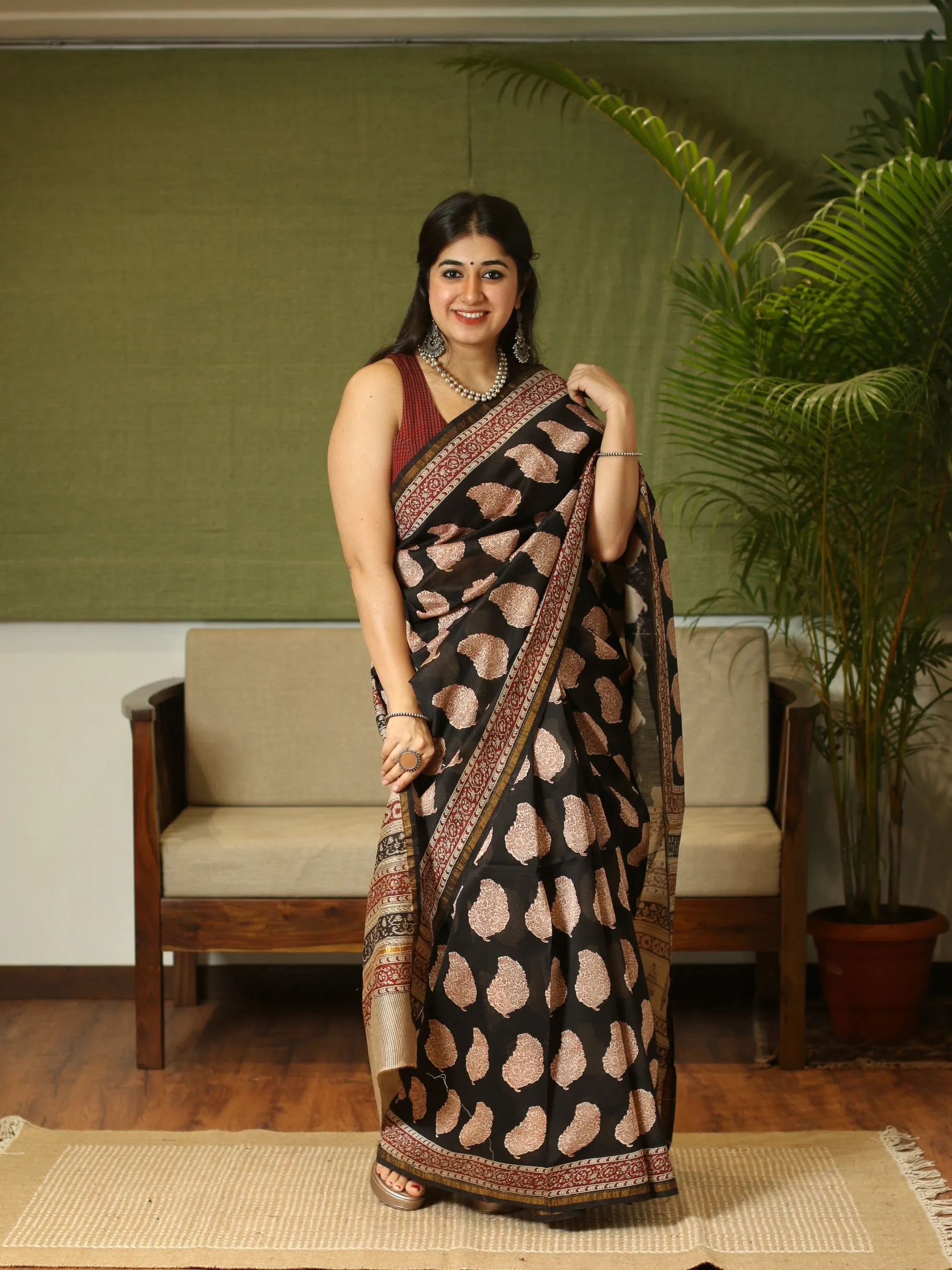 Bagru Hand Block Printed Chanderi Silk Natural Dyed Saree