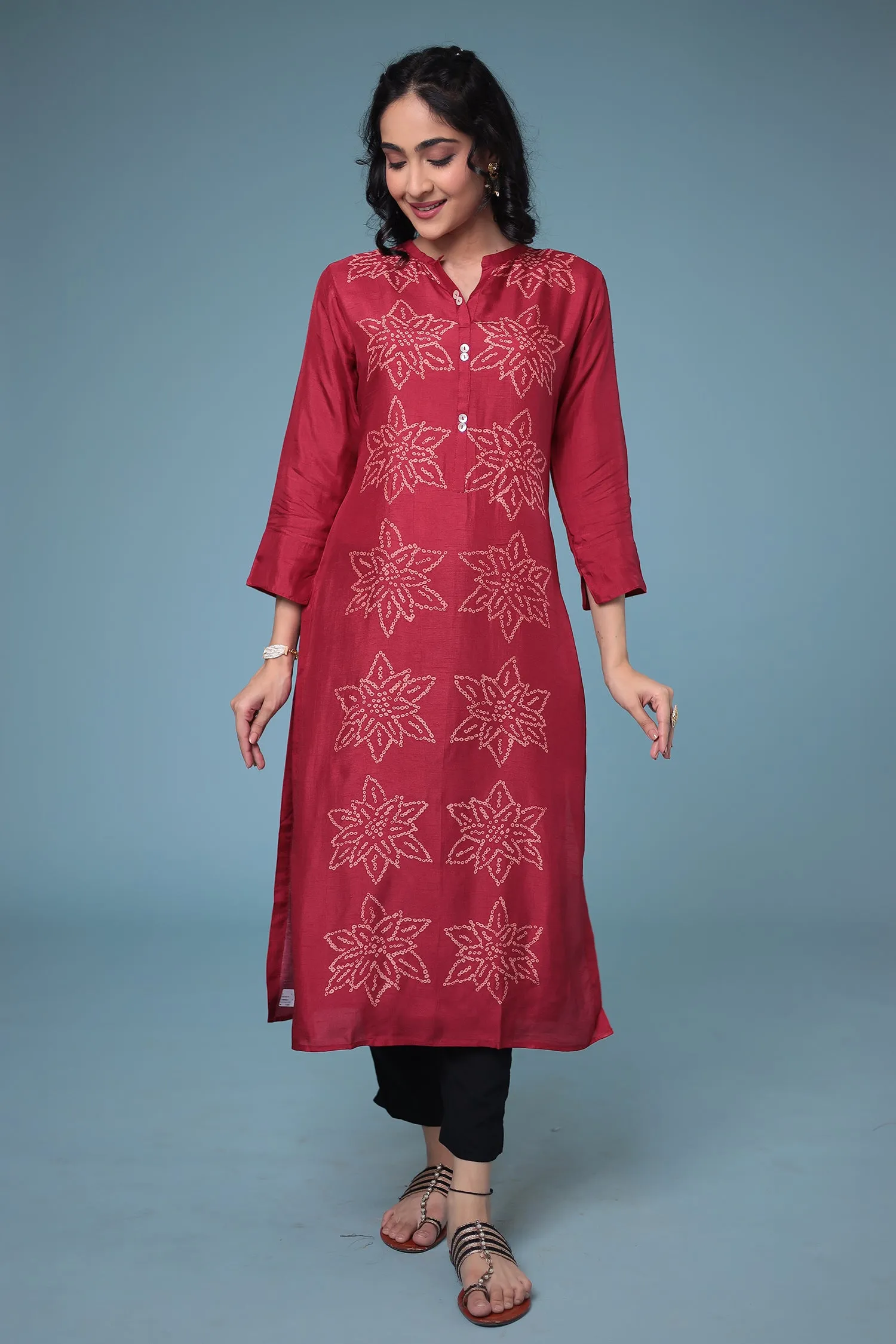 Bandhej Silk blend Straight Cut Kurta