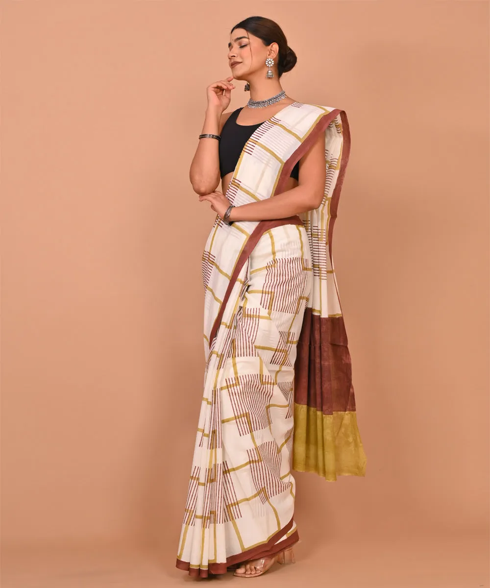 Beige brown cotton hand printed bagru saree