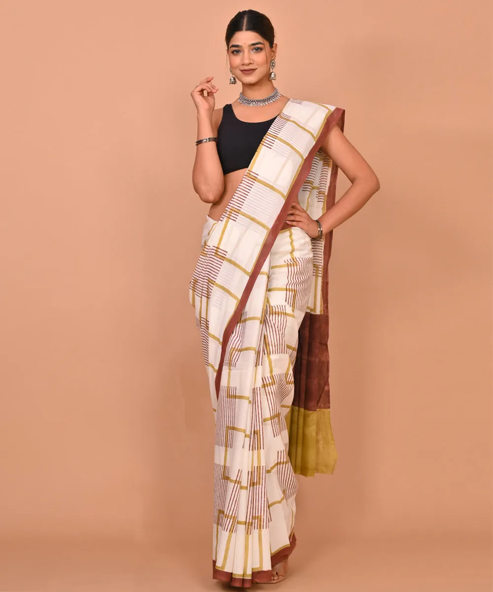 Beige brown cotton hand printed bagru saree