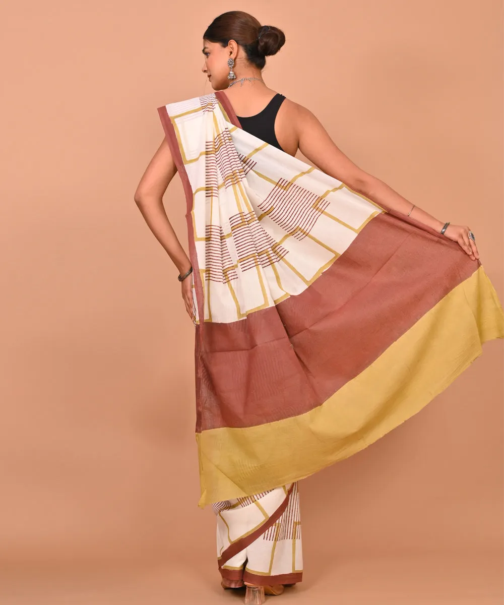 Beige brown cotton hand printed bagru saree