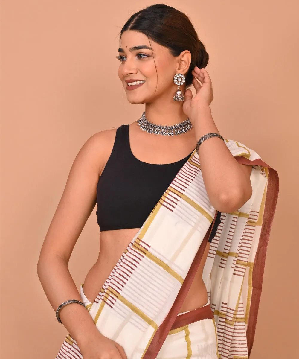 Beige brown cotton hand printed bagru saree