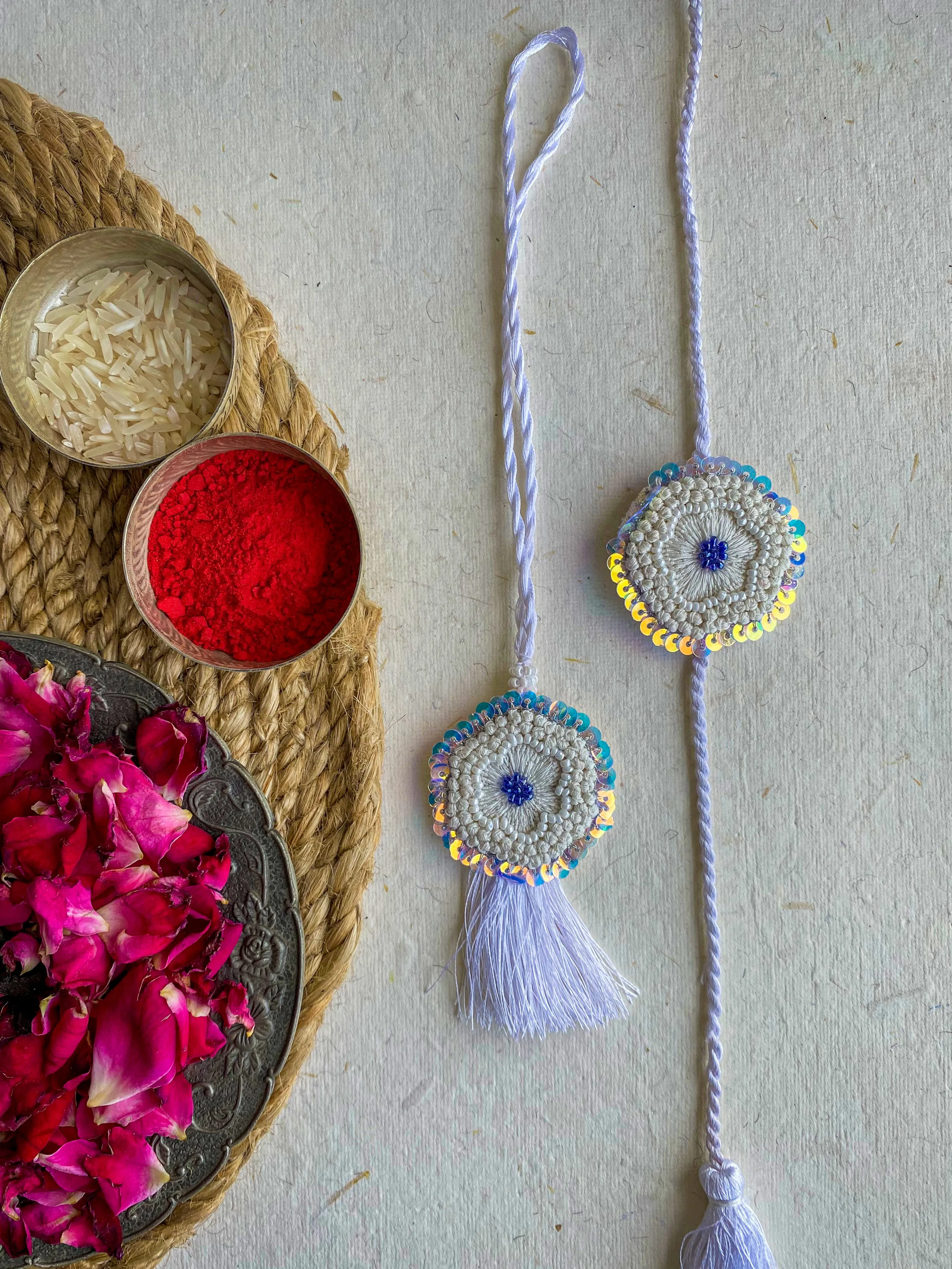 Bellflower Embroidered  Rakhi & Lumba Set