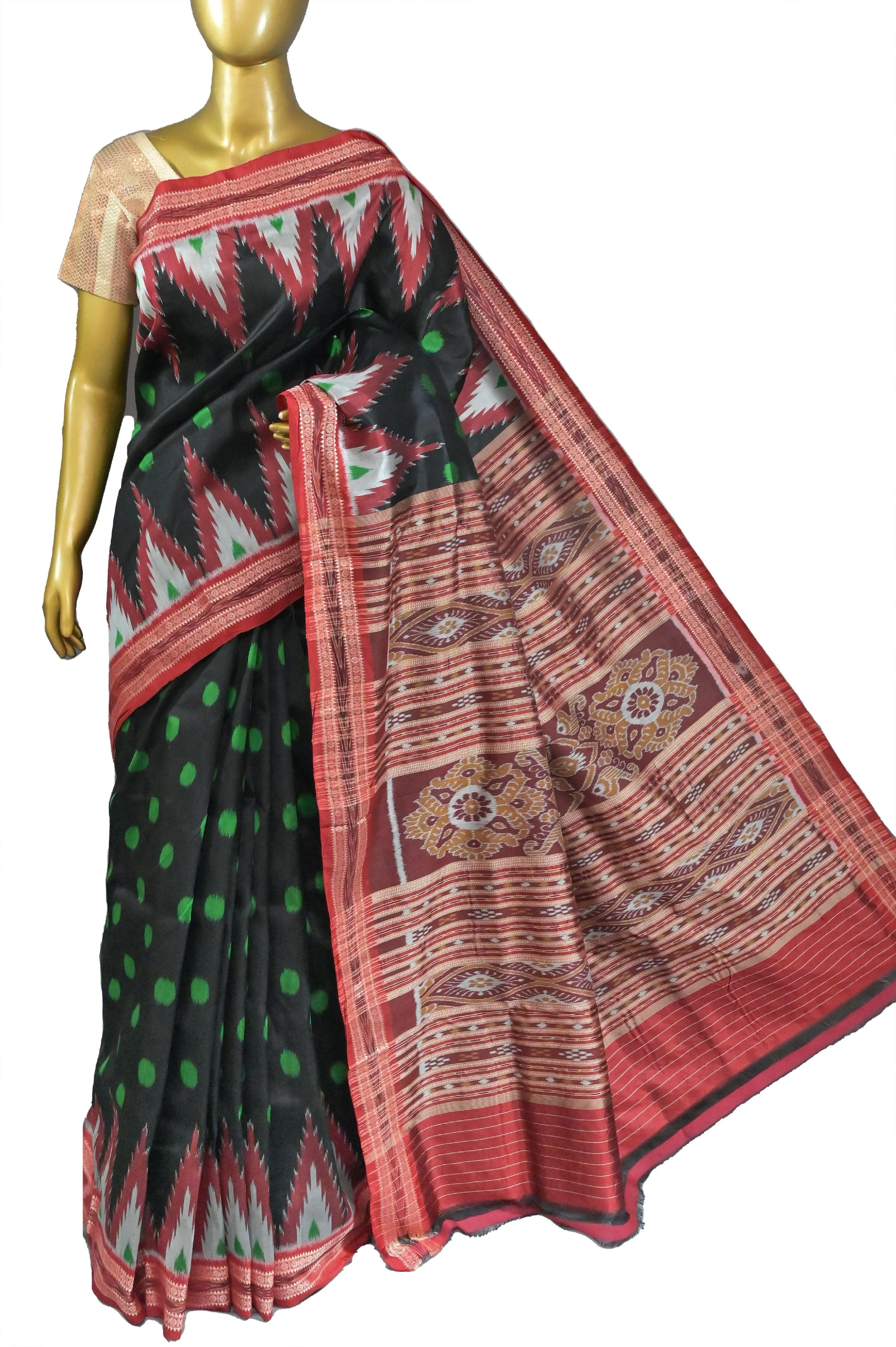 Black and Red Color Sambalpuri Silk Saree with Temple Border