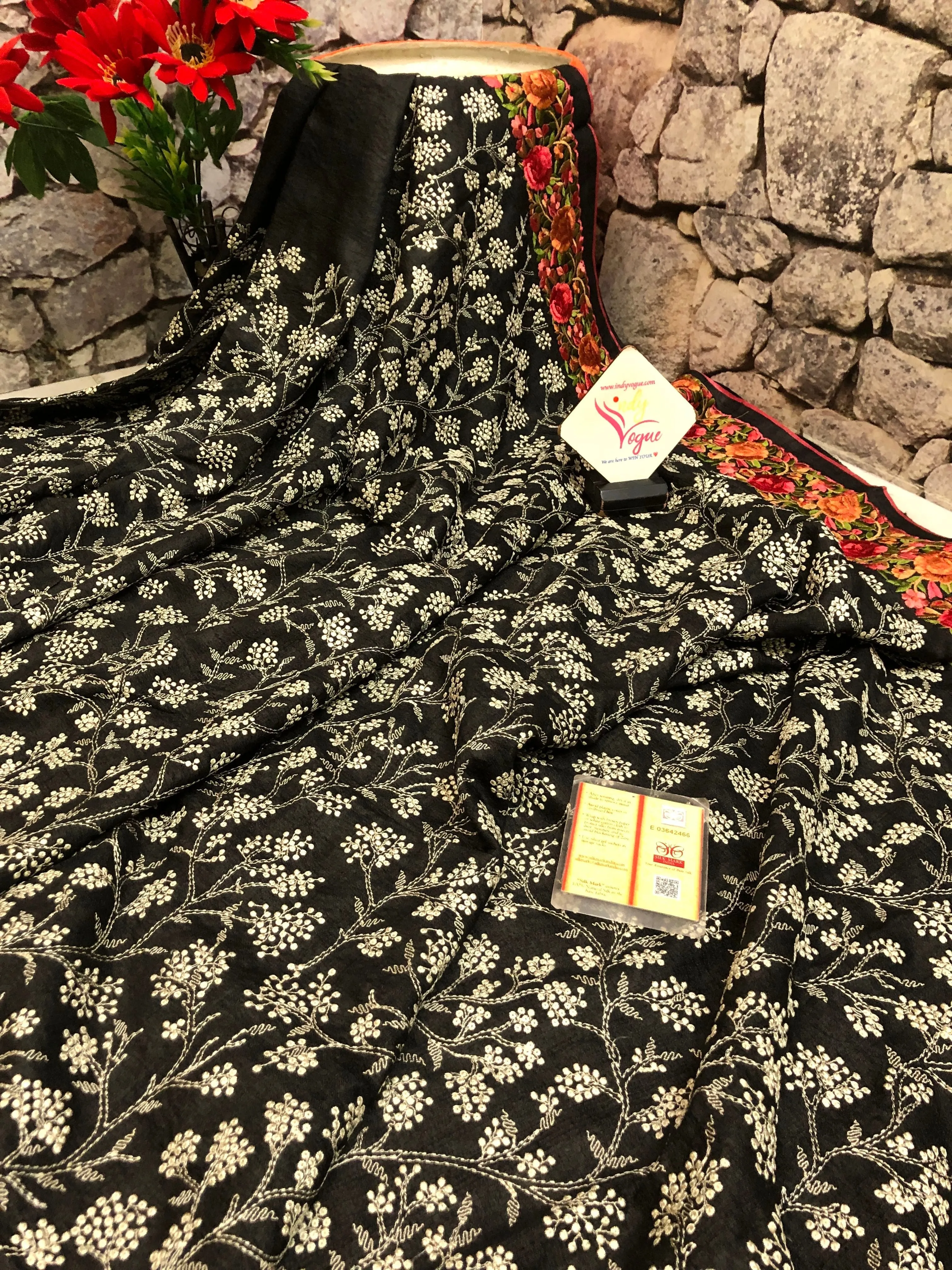 Black Color Pure Tussar Silk Saree with Embroidery and Parsi Border