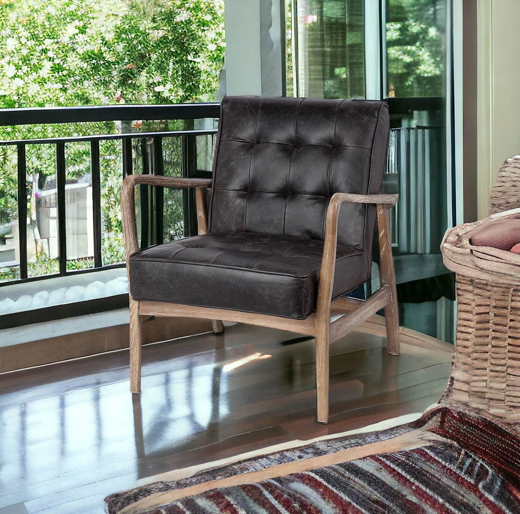 Black Leather Accent Chair With Wrapped Ash Wood Frame