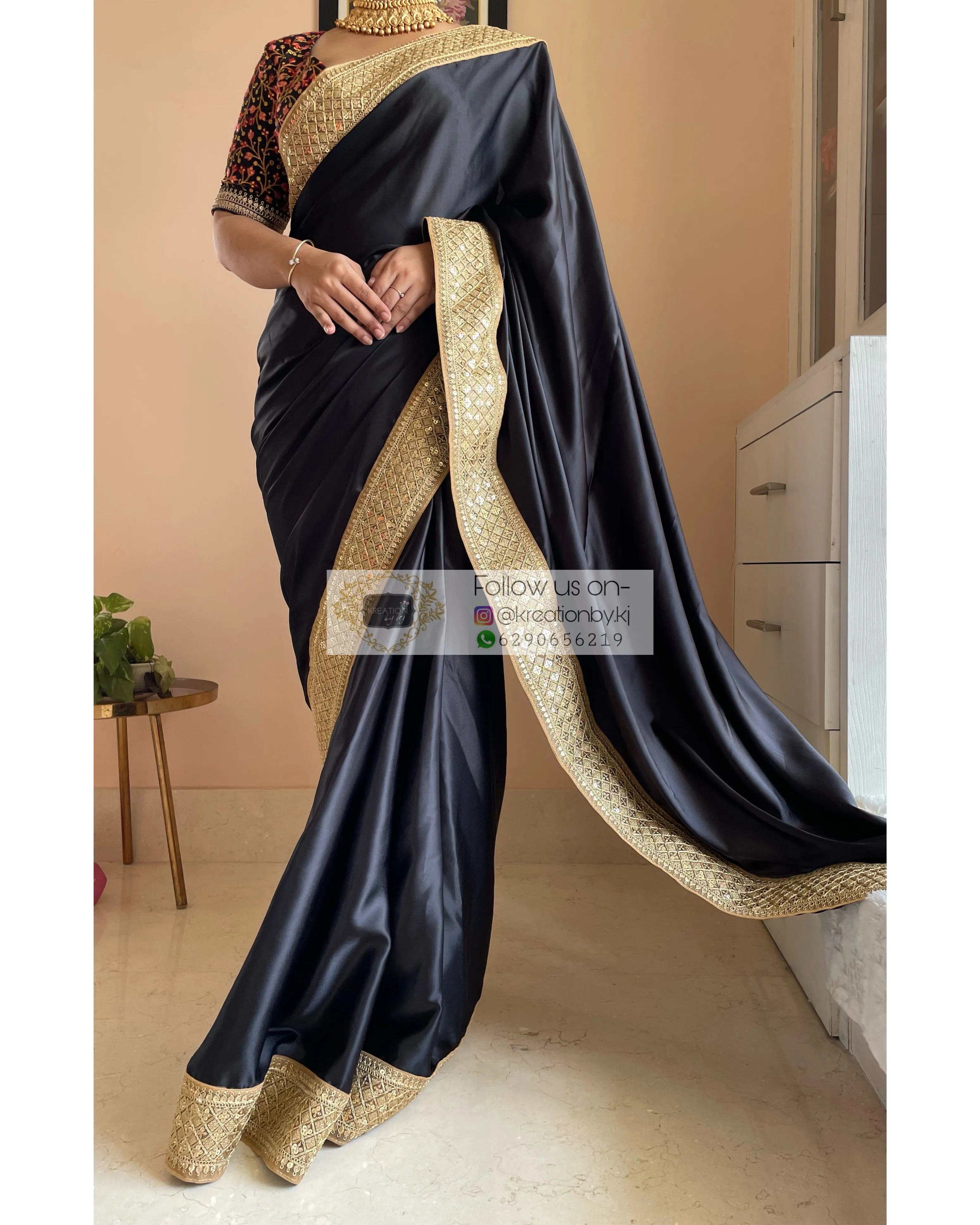 Black Satin Saree with Gold Border