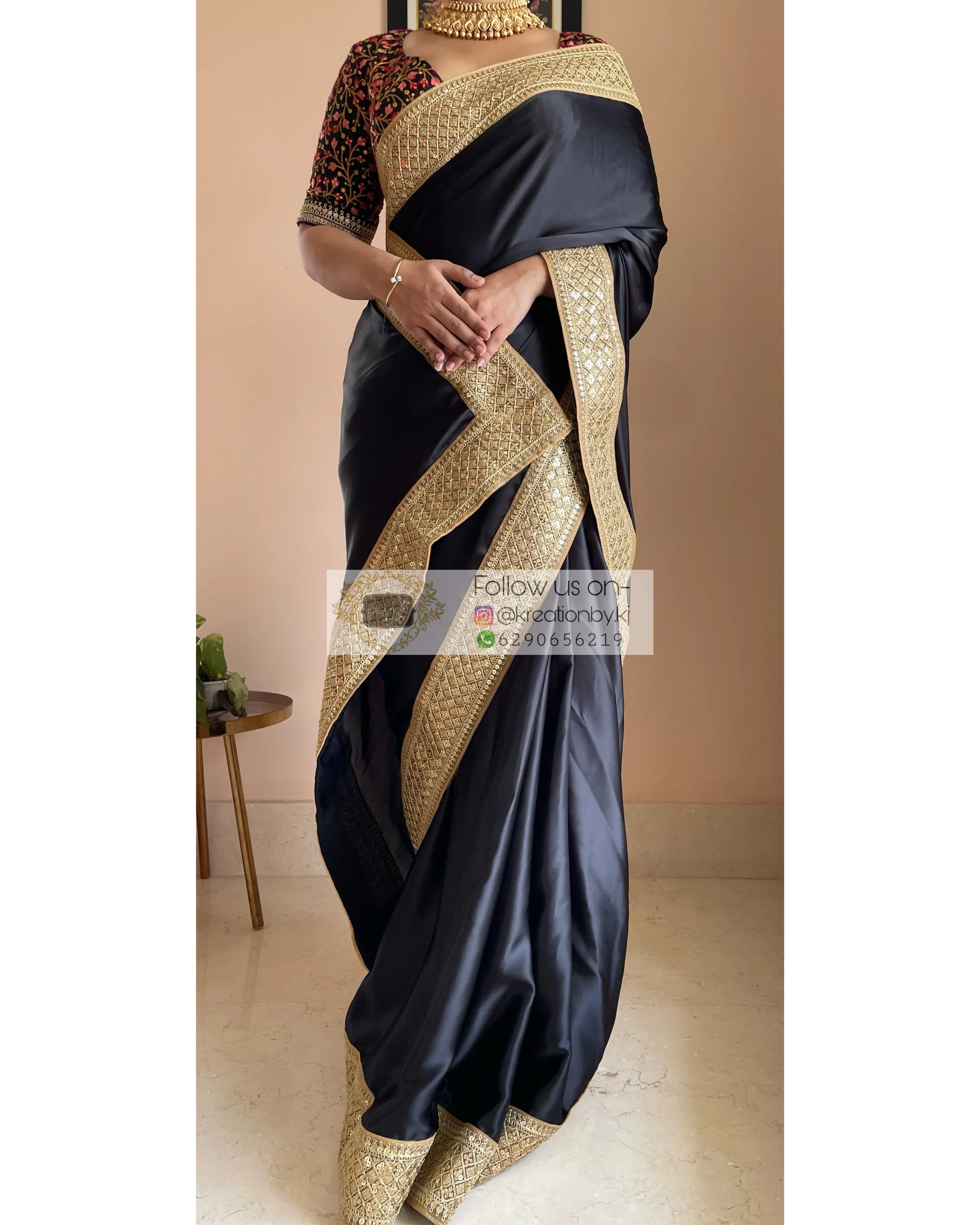 Black Satin Saree with Gold Border