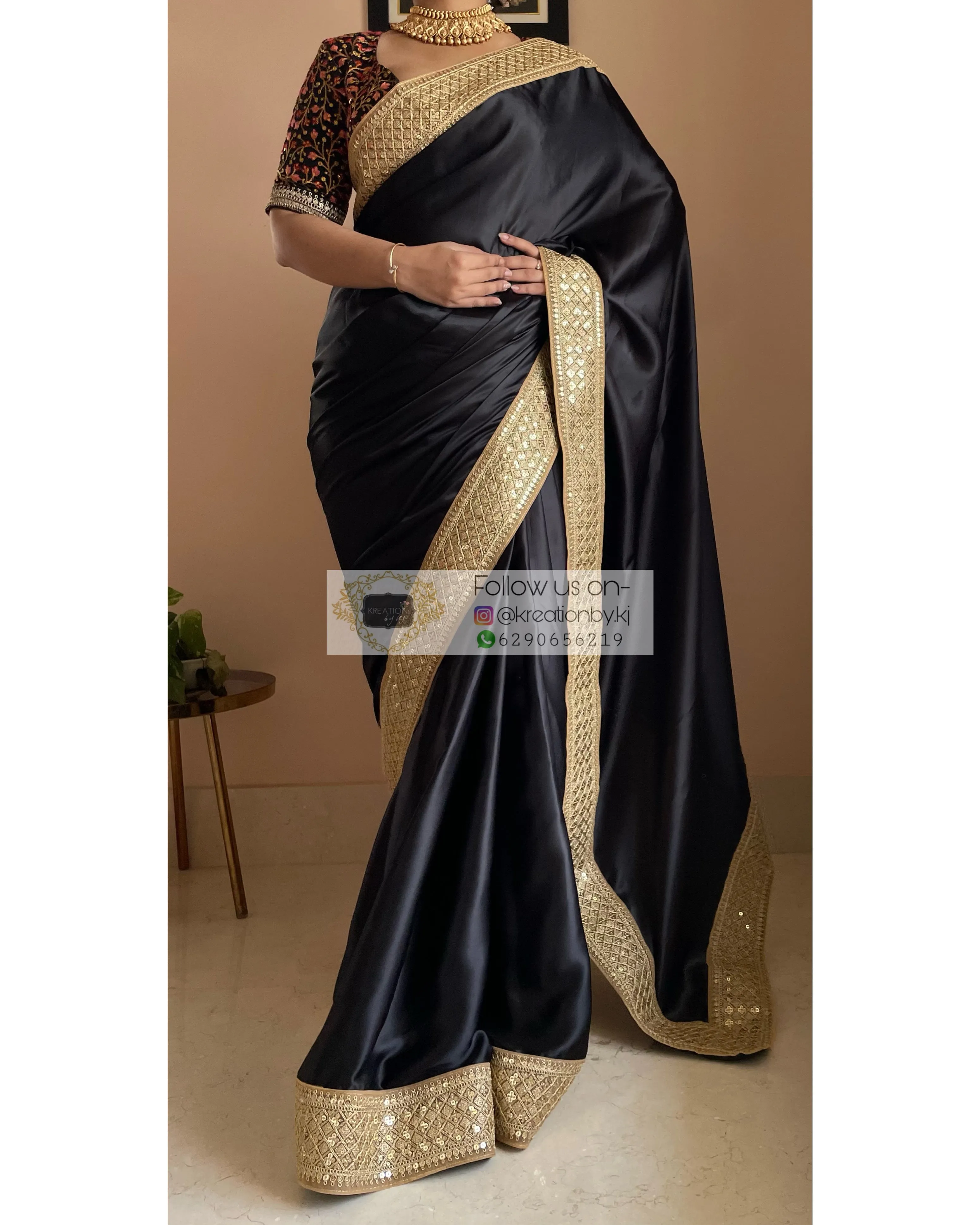 Black Satin Saree with Gold Border