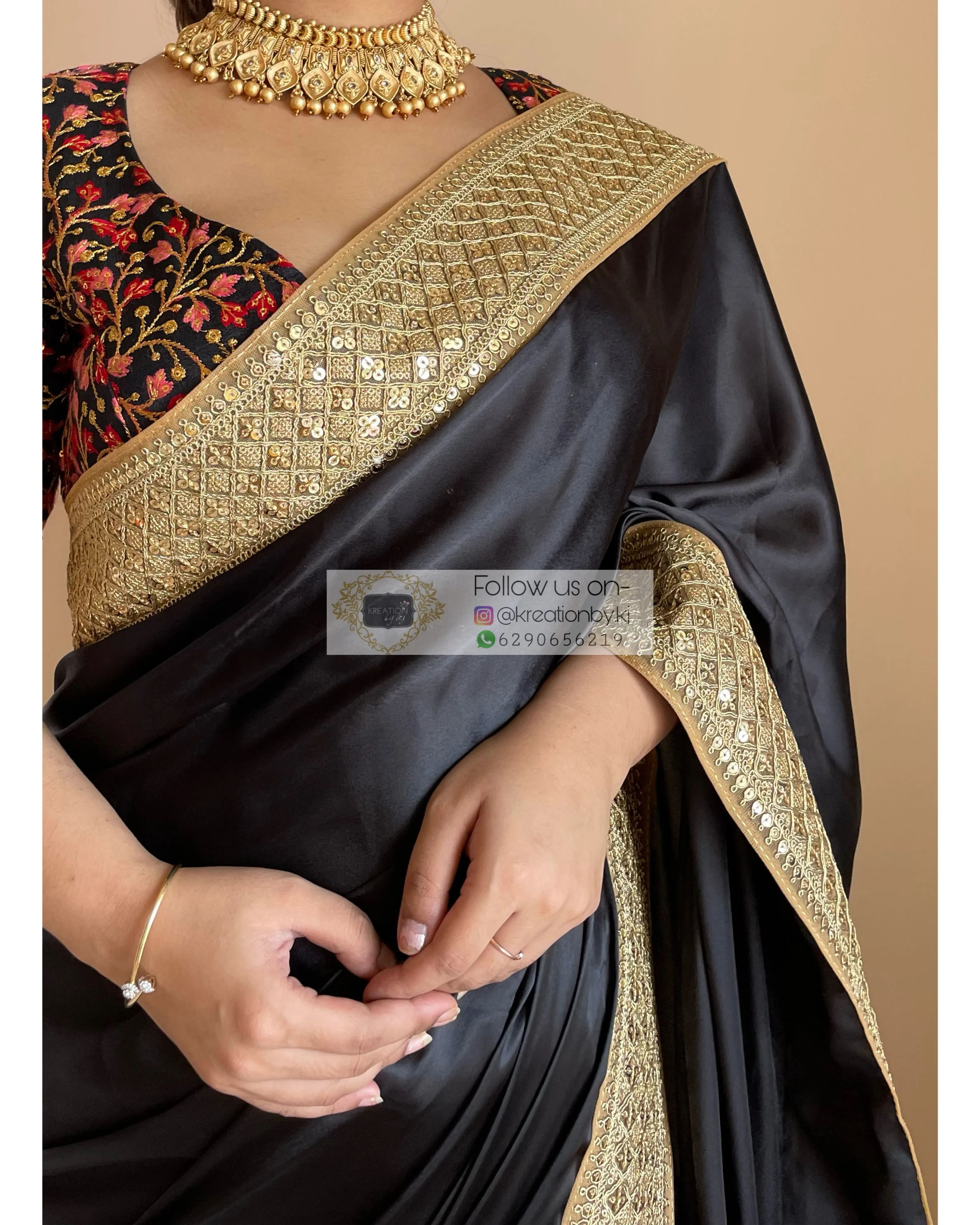 Black Satin Saree with Gold Border