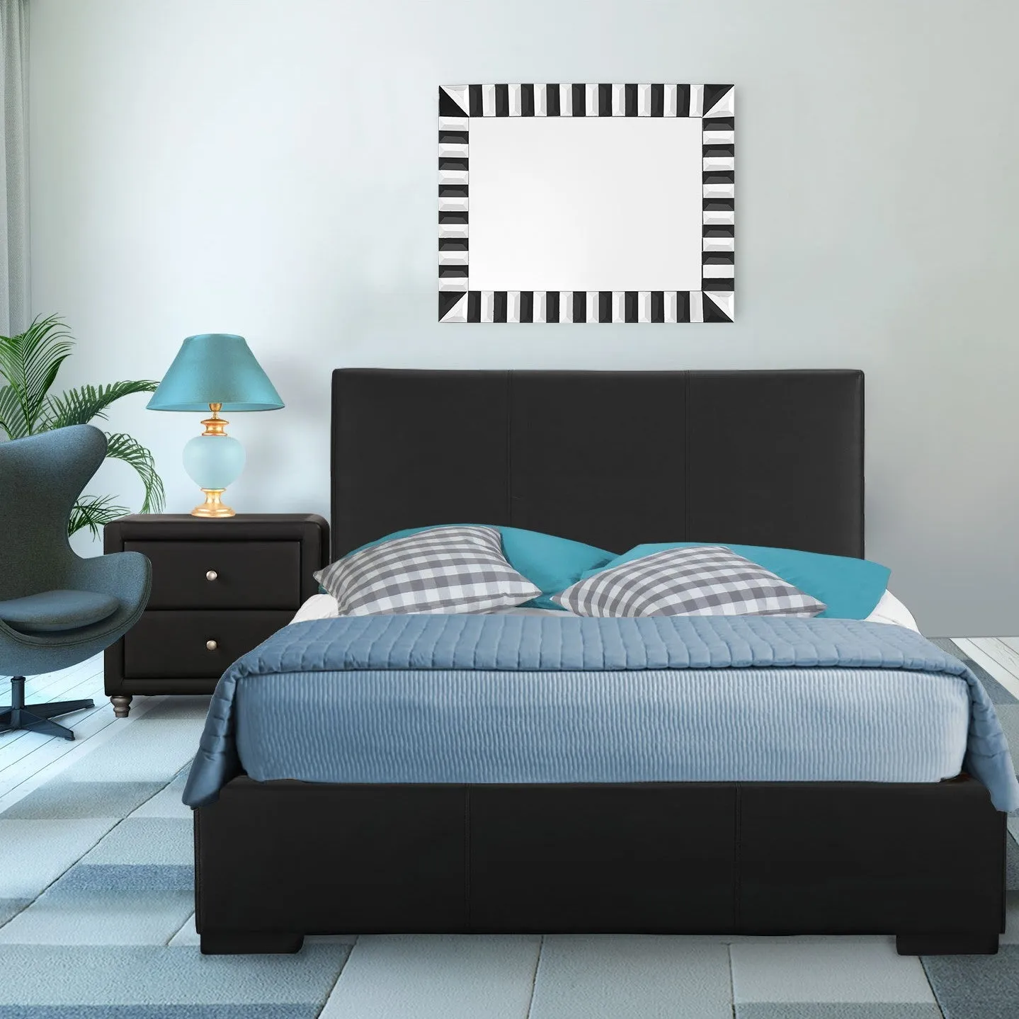 Black Upholstered Queen Platform Bed with Nightstand