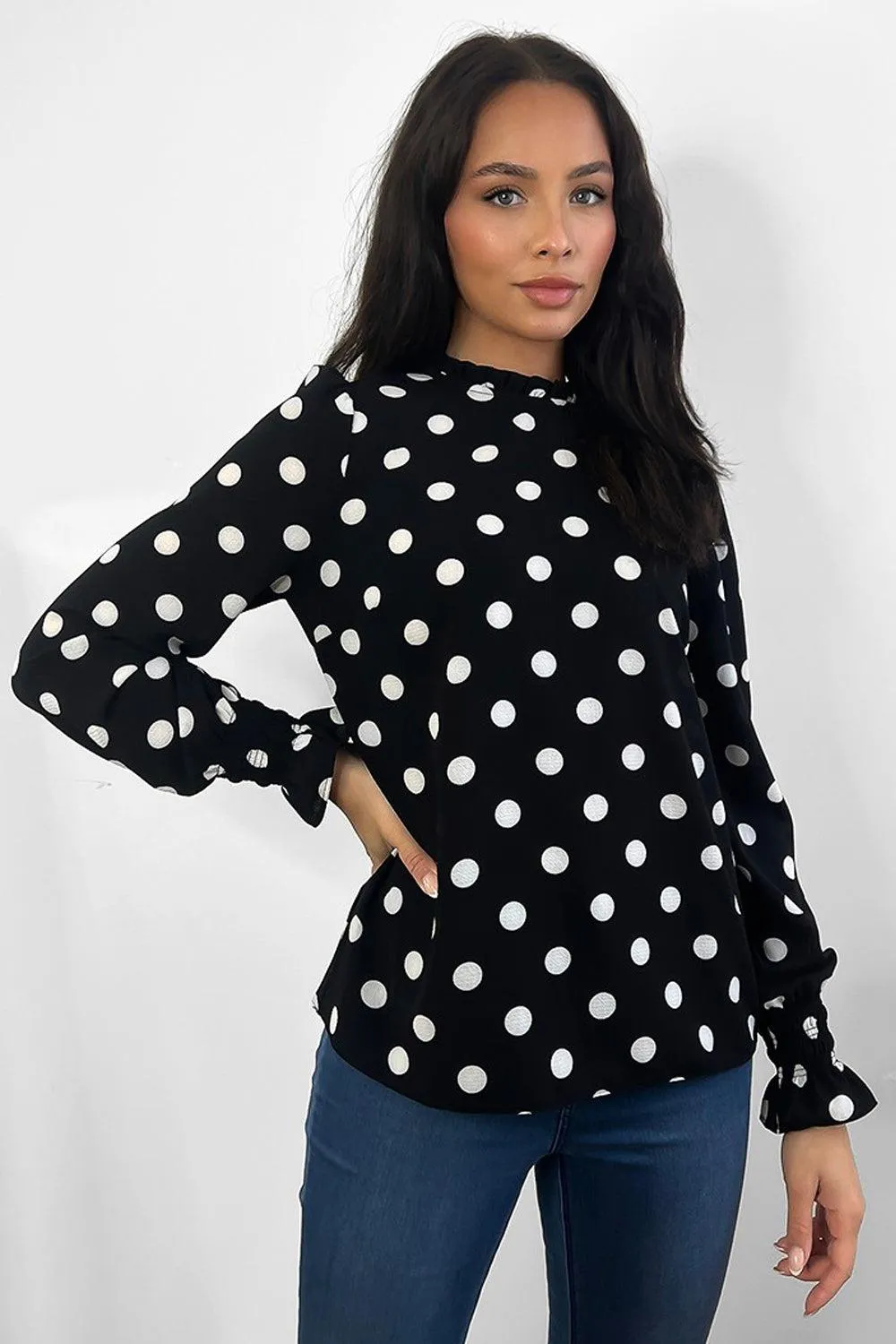 Black White Polka Dot Neck Tie Blouse