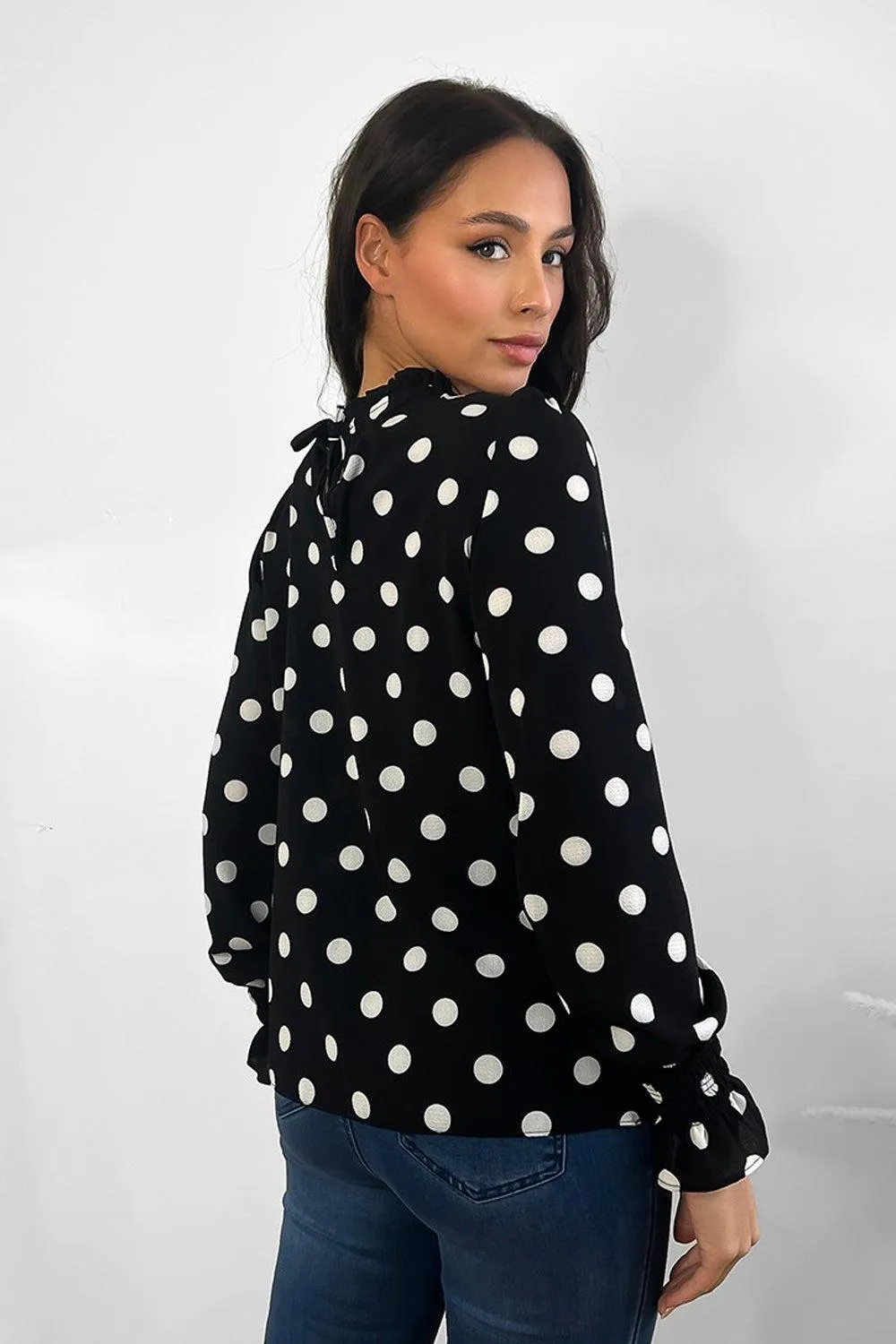 Black White Polka Dot Neck Tie Blouse