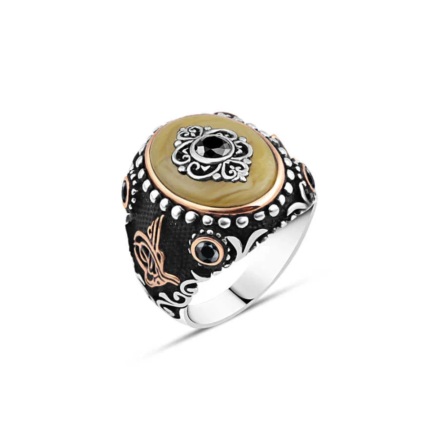 Black Zircon Eye Figure on Yellow Synthetic Amber Stone Ellipse Silver Men's Ring Siding Ottoman Tughra and Zircon Stones