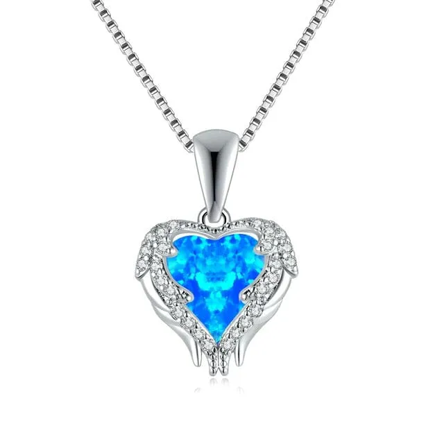 Blue and White Fire Opal Zircon Heart Necklace - 925 Sterling Silver