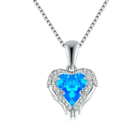 Blue and White Fire Opal Zircon Heart Necklace - 925 Sterling Silver