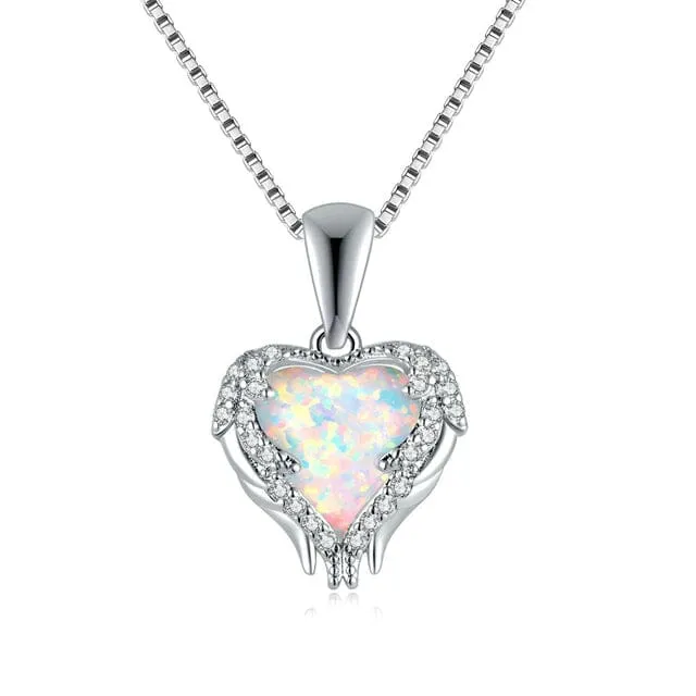 Blue and White Fire Opal Zircon Heart Necklace - 925 Sterling Silver