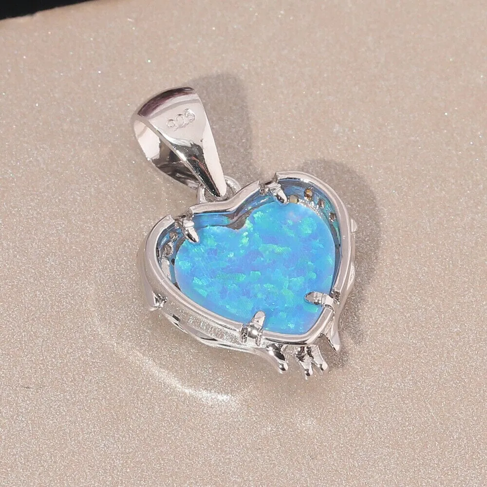 Blue and White Fire Opal Zircon Heart Necklace - 925 Sterling Silver