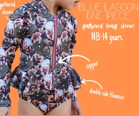 Blue Lagoon One Piece - Gathered Long Sleeve & Side Flounces