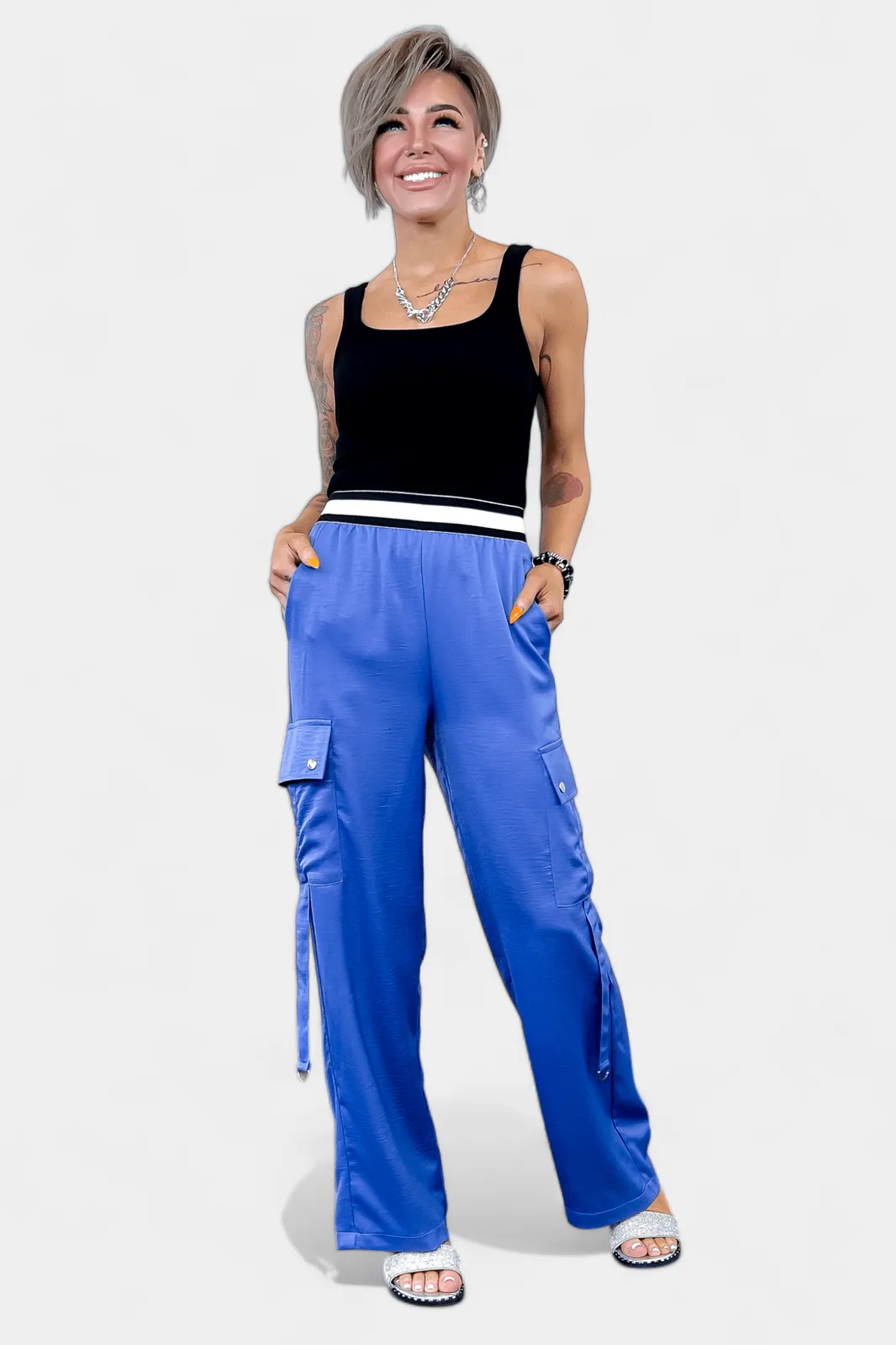 Blue Wide Leg Cargo Pants