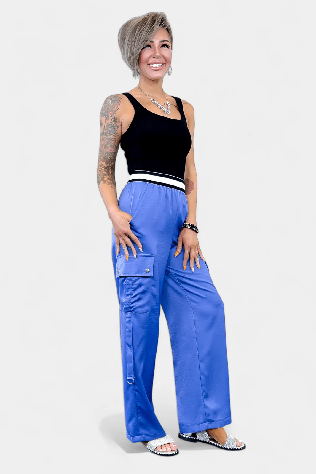 Blue Wide Leg Cargo Pants