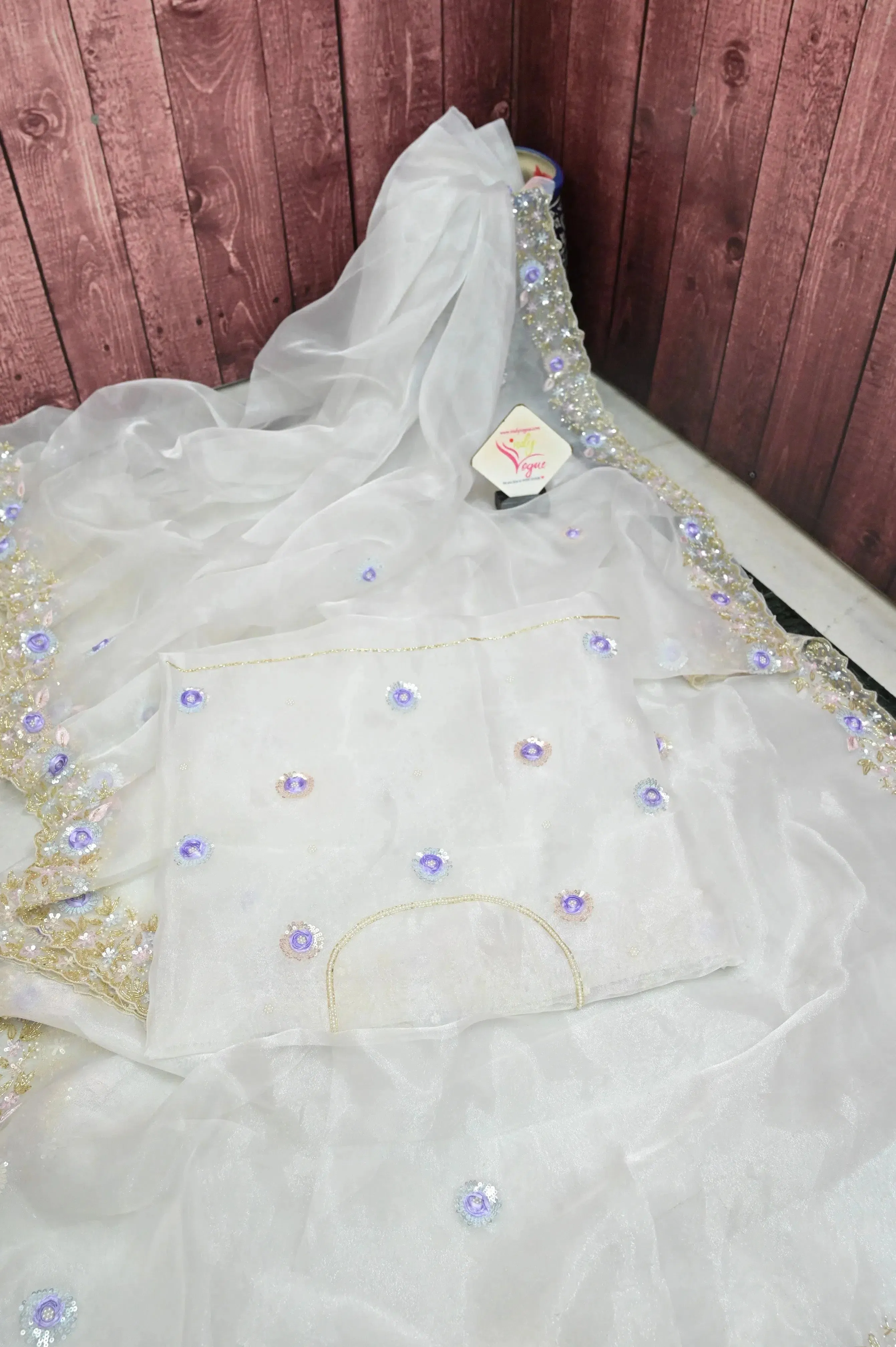 Bone White Color Glass Tissue Saree with Hand Work