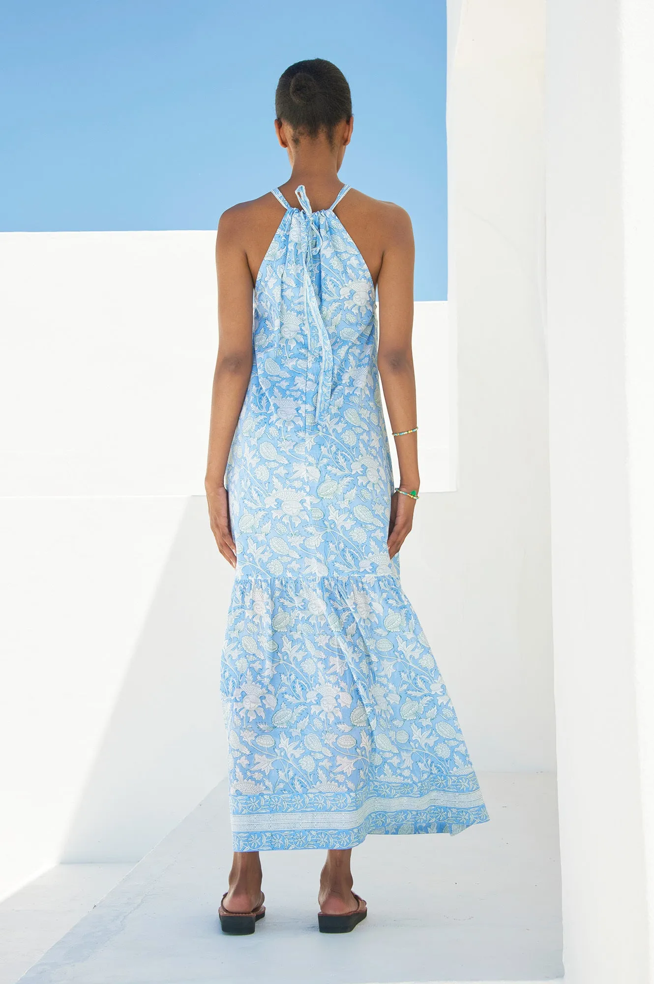 Bonnie Halter Block Print Maxi Dress | Blue/White