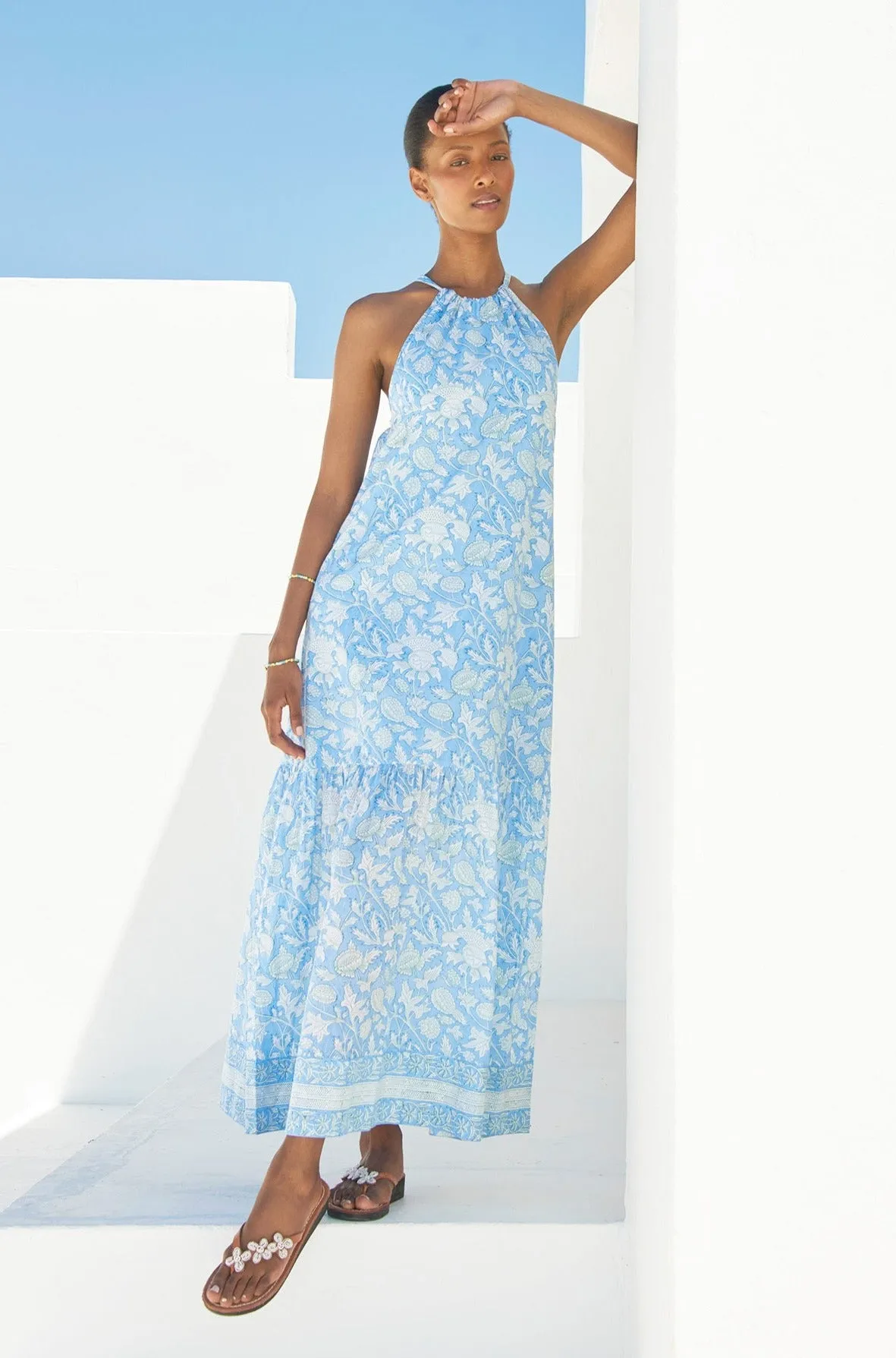 Bonnie Halter Block Print Maxi Dress | Blue/White