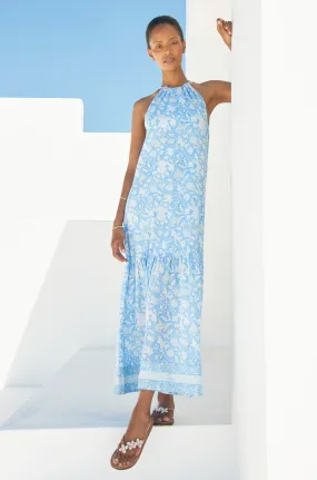 Bonnie Halter Block Print Maxi Dress | Blue/White