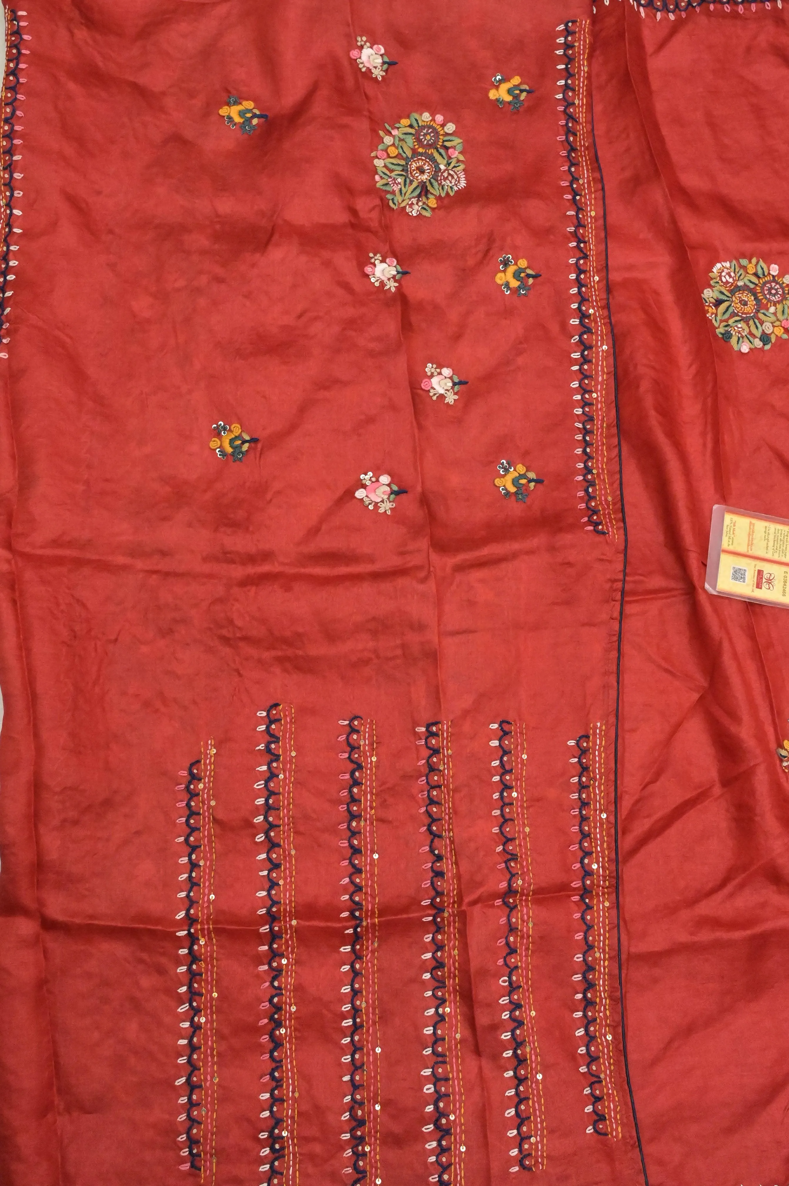 Burnt Red Color Pure Tussar Silk Saree with Hand Bullion ,French Knot ,Parsi and Sequins Work