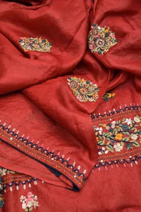 Burnt Red Color Pure Tussar Silk Saree with Hand Bullion ,French Knot ,Parsi and Sequins Work