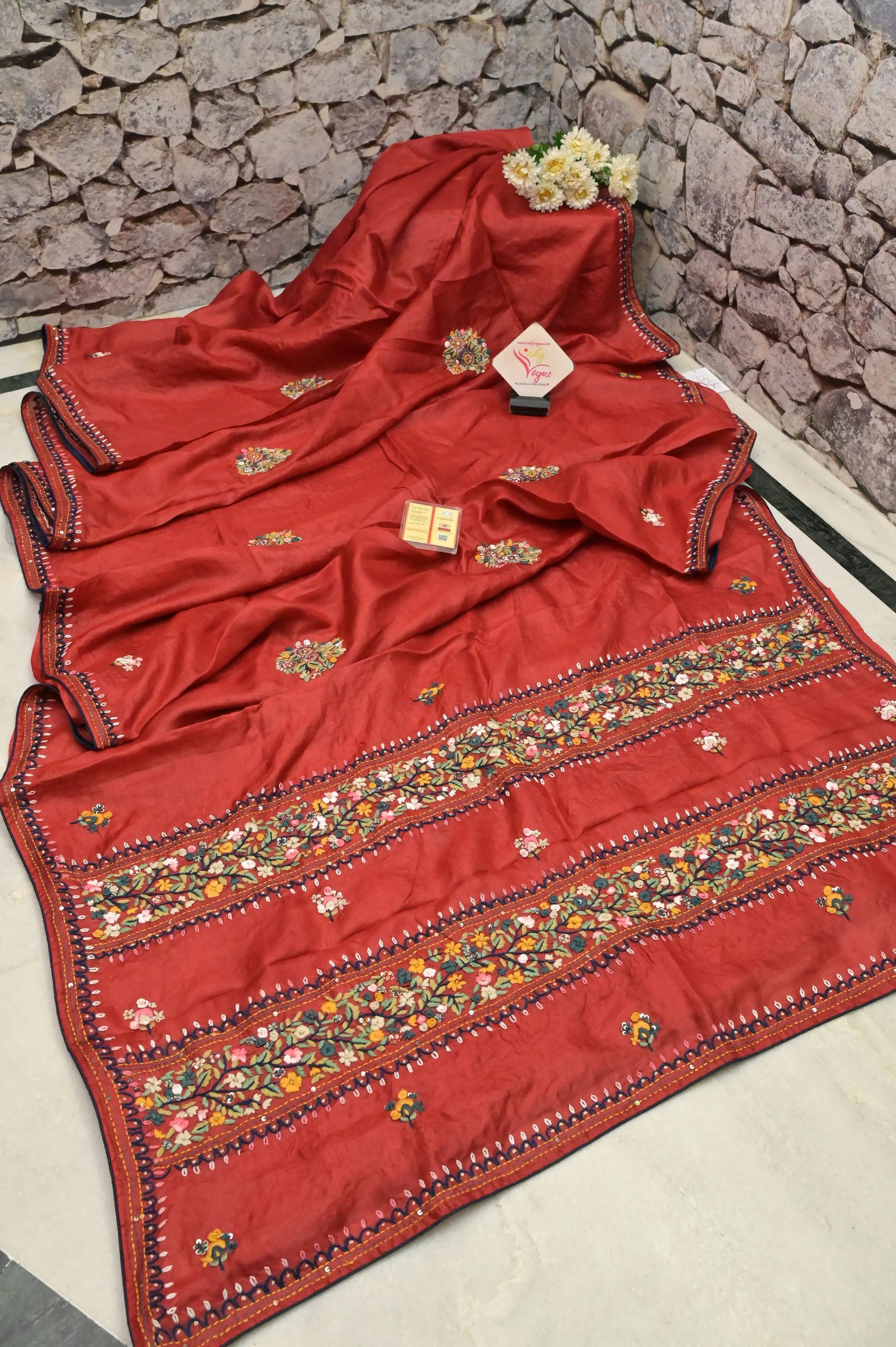 Burnt Red Color Pure Tussar Silk Saree with Hand Bullion ,French Knot ,Parsi and Sequins Work