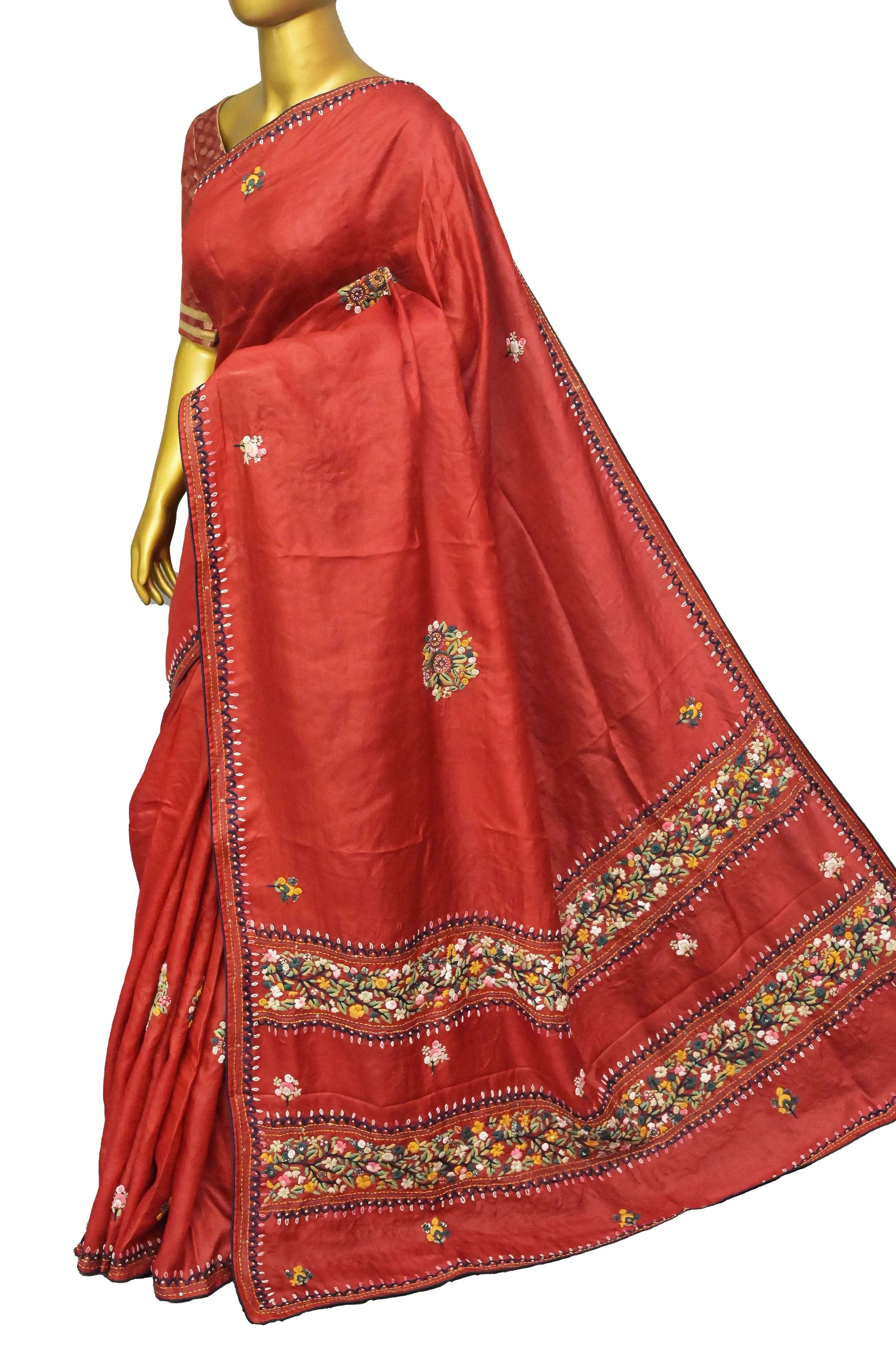 Burnt Red Color Pure Tussar Silk Saree with Hand Bullion ,French Knot ,Parsi and Sequins Work