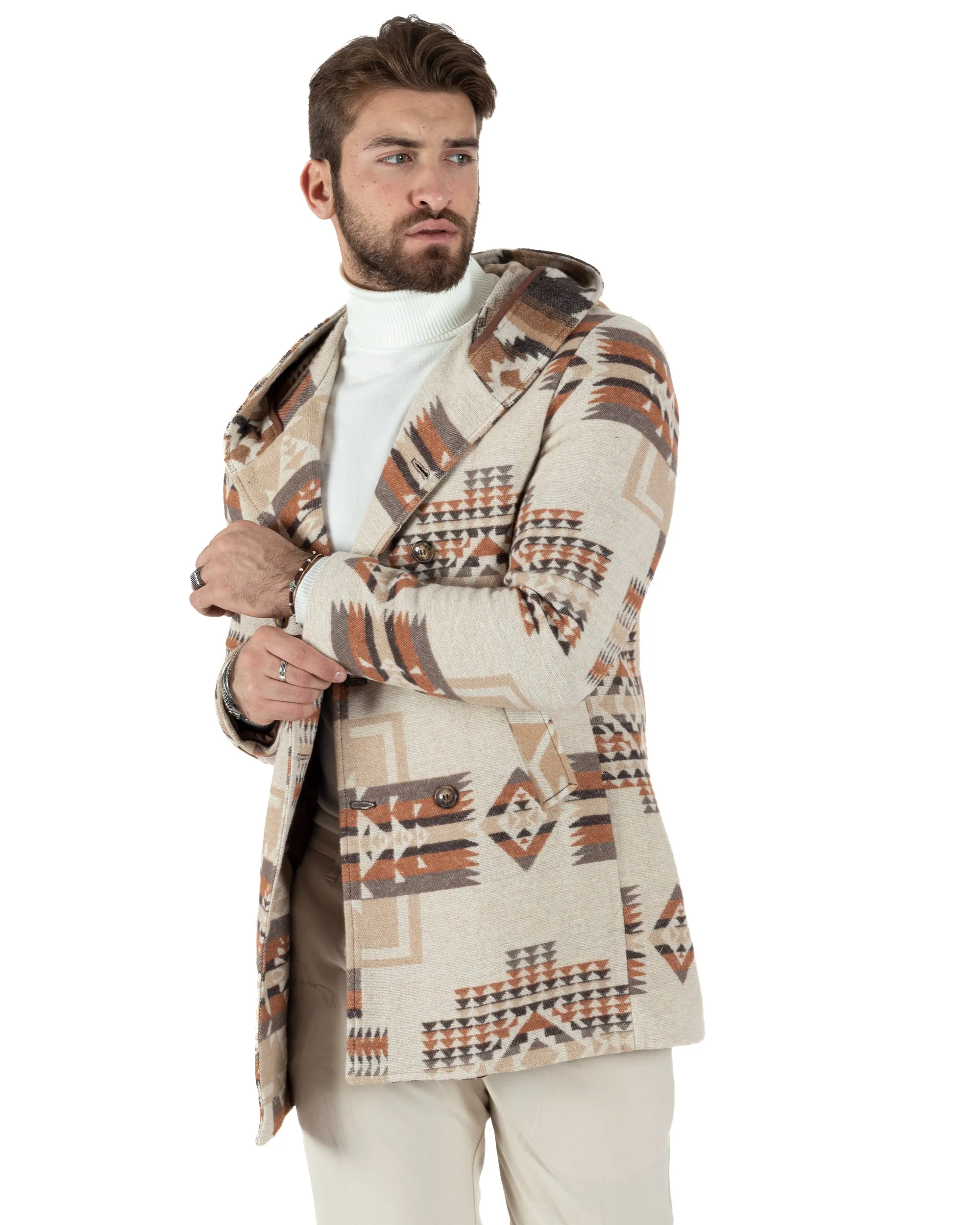 Cappotto Giacca Uomo Doppiopetto Giaccone Fantasia Etnica Beige Giubbotto GIOSAL-CO1032A