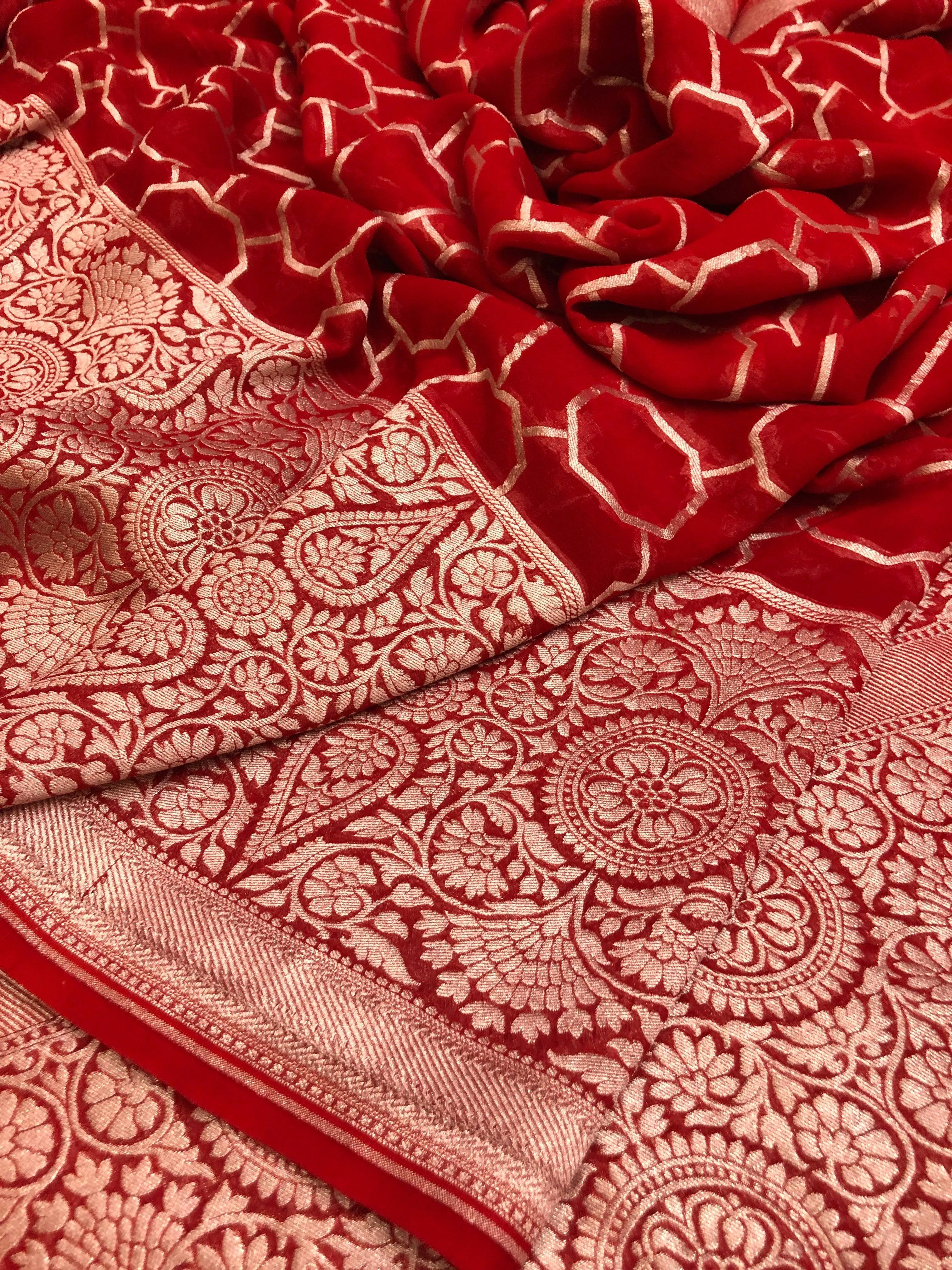 Carmine Red Color Pure Khaddi Georgette Banarasi Saree with Silver Zari Work