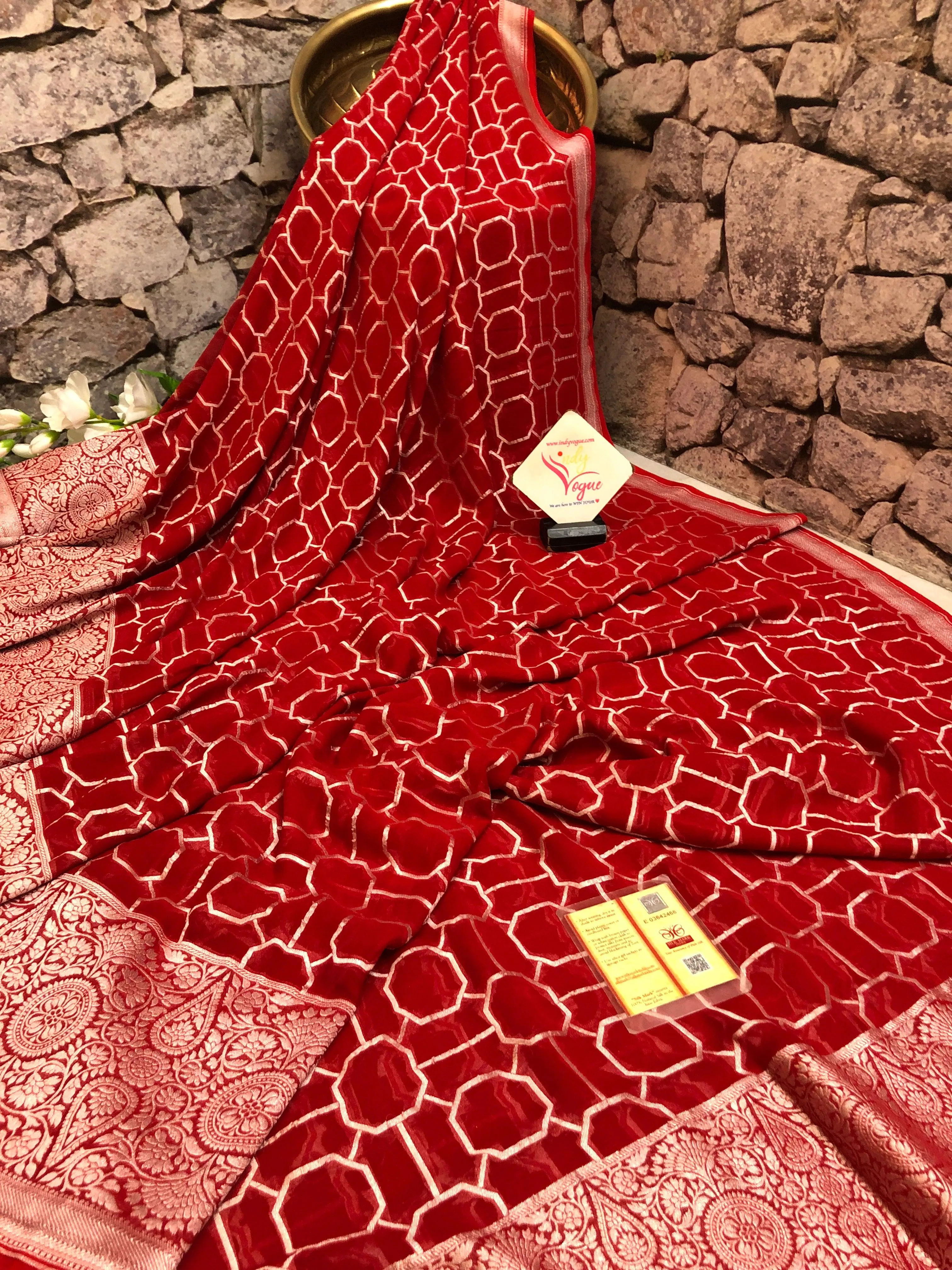 Carmine Red Color Pure Khaddi Georgette Banarasi Saree with Silver Zari Work