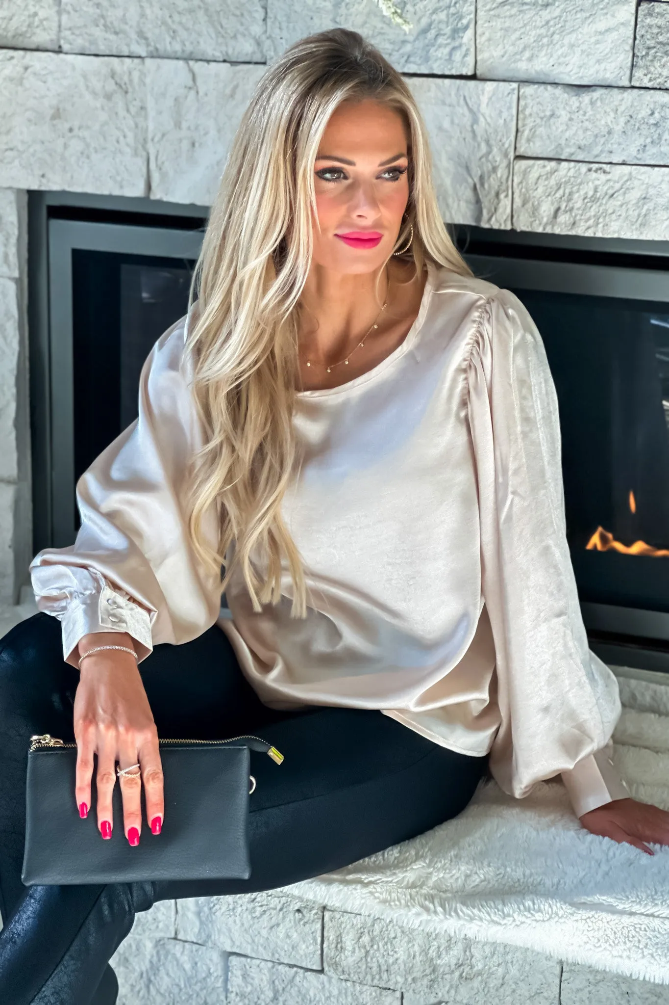 Celebrate The Season Balloon Sleeve Satin Blouse : Champagne