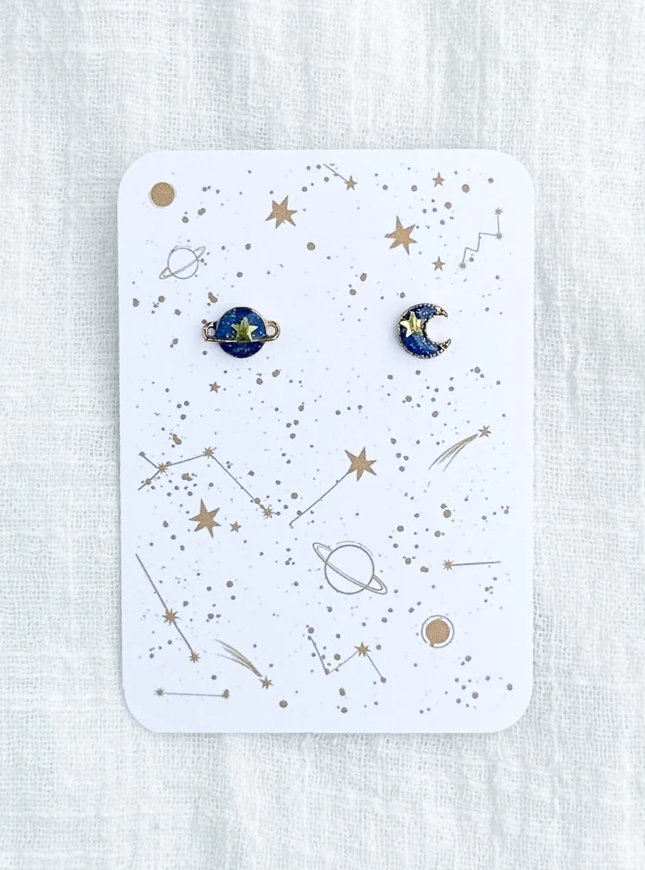 Celestial Planet and Moon Stud Earrings