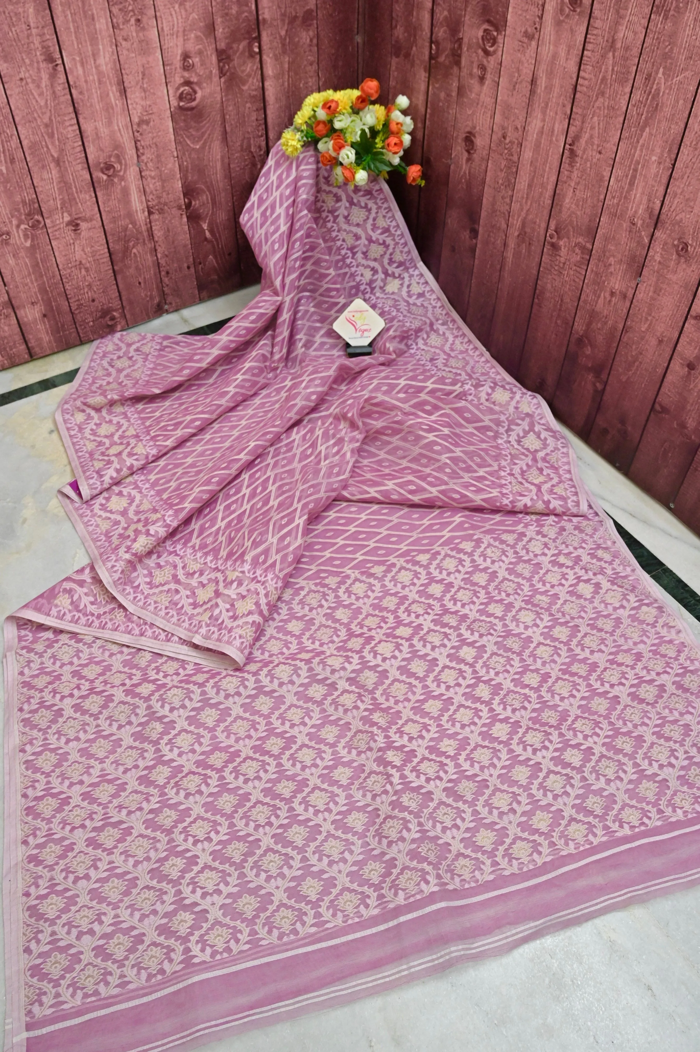 Cotton Candy Pink Color Jamdani Saree with Allover Jamdani and Zari Weaving