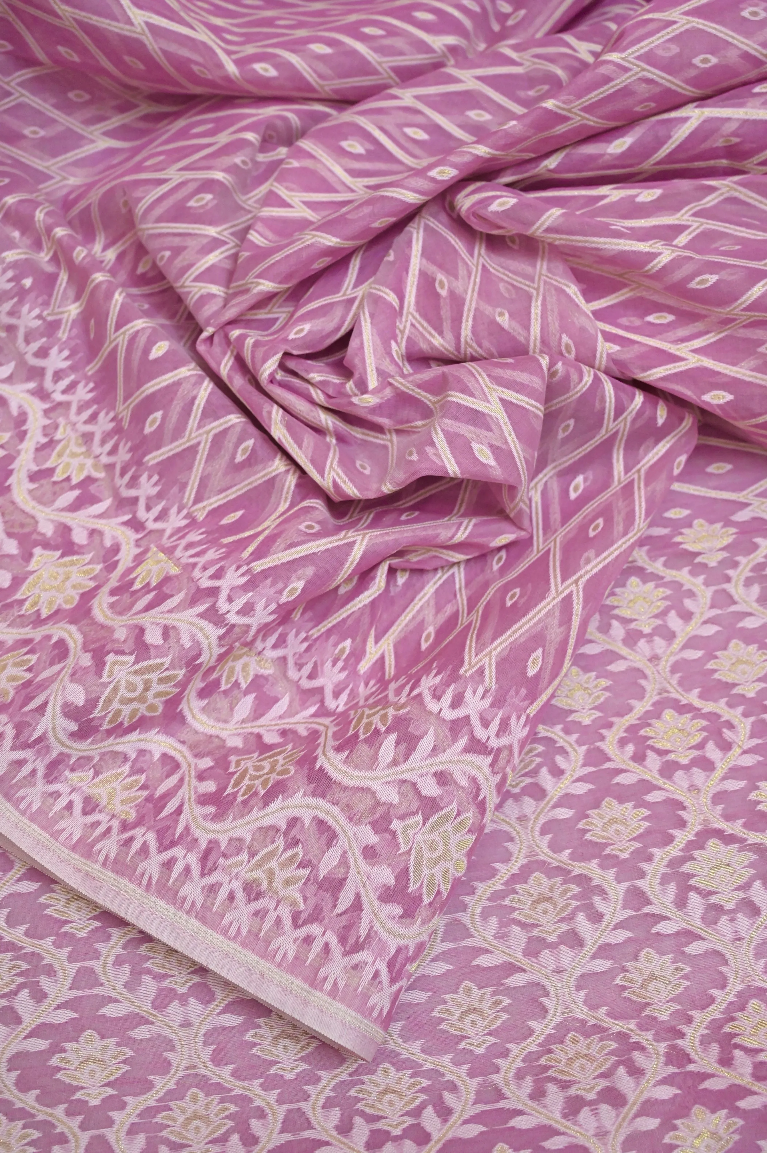 Cotton Candy Pink Color Jamdani Saree with Allover Jamdani and Zari Weaving