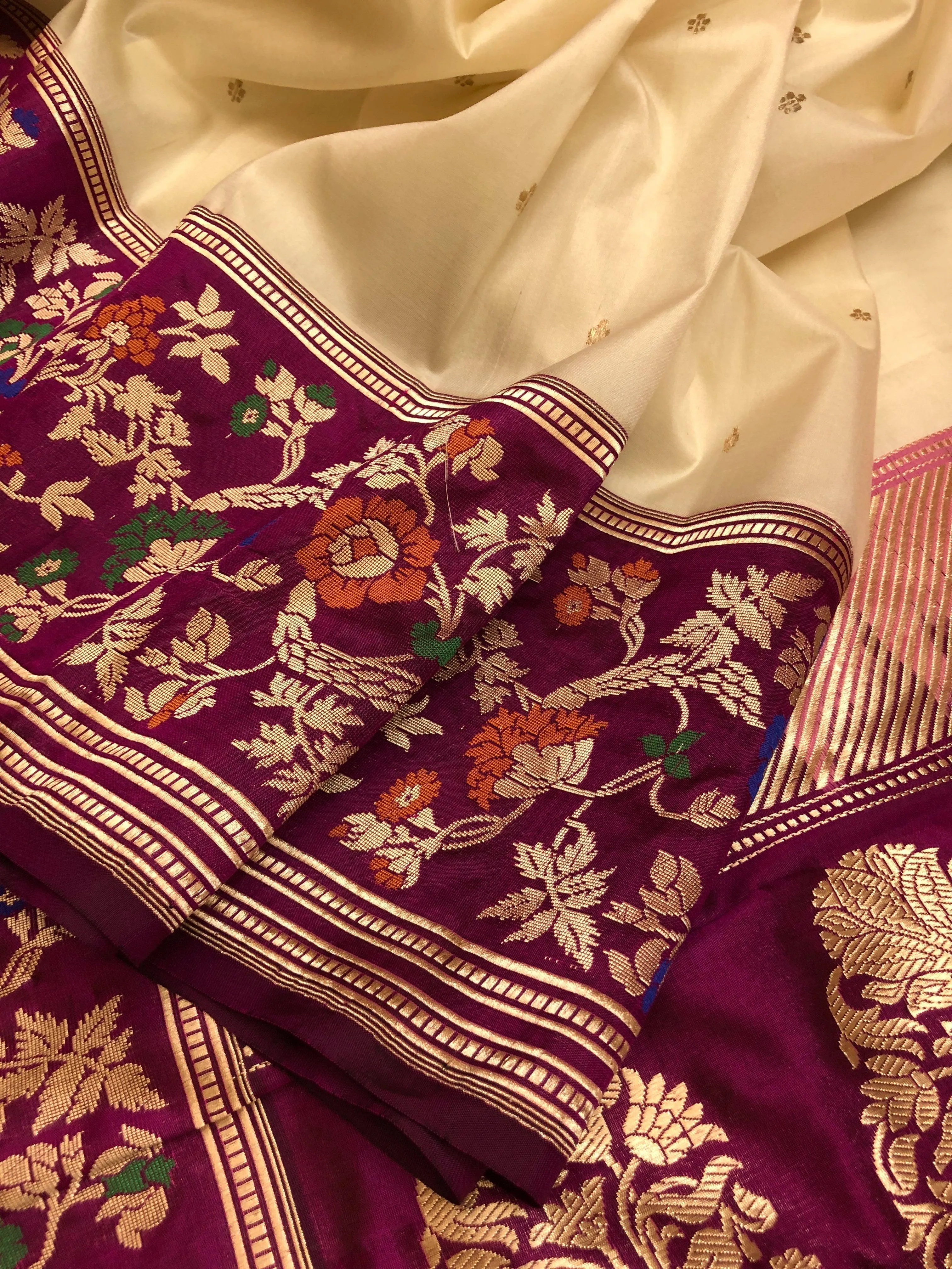 Cream White & Magenta Color Pure Katan Banarasi with Meenakari Border