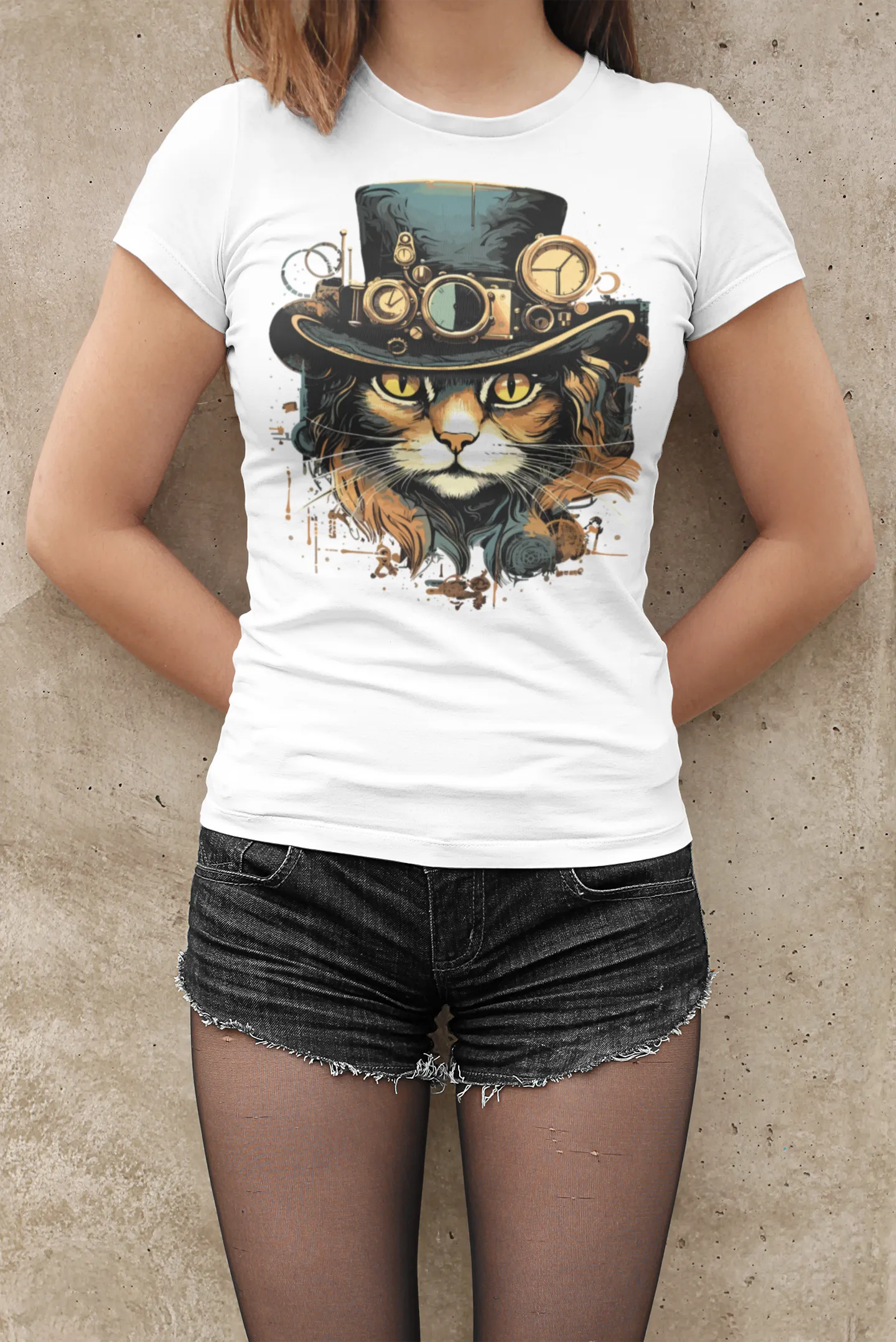 Damen T-Shirt mit Katzenmotiv "Steampunk Cat"