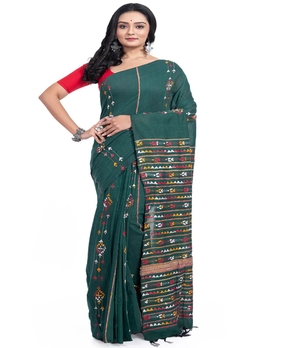 Dark green handwoven cotton kantha stitch saree