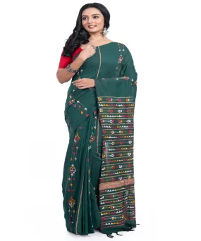 Dark green handwoven cotton kantha stitch saree