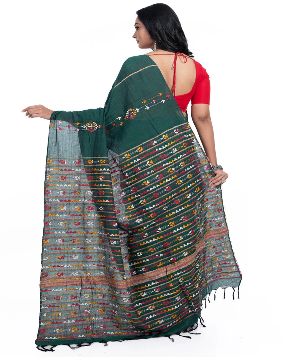 Dark green handwoven cotton kantha stitch saree