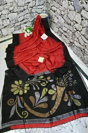 Dark Red Color Matka Saree with Shibori Dye and Muslin Jamdani Pallu