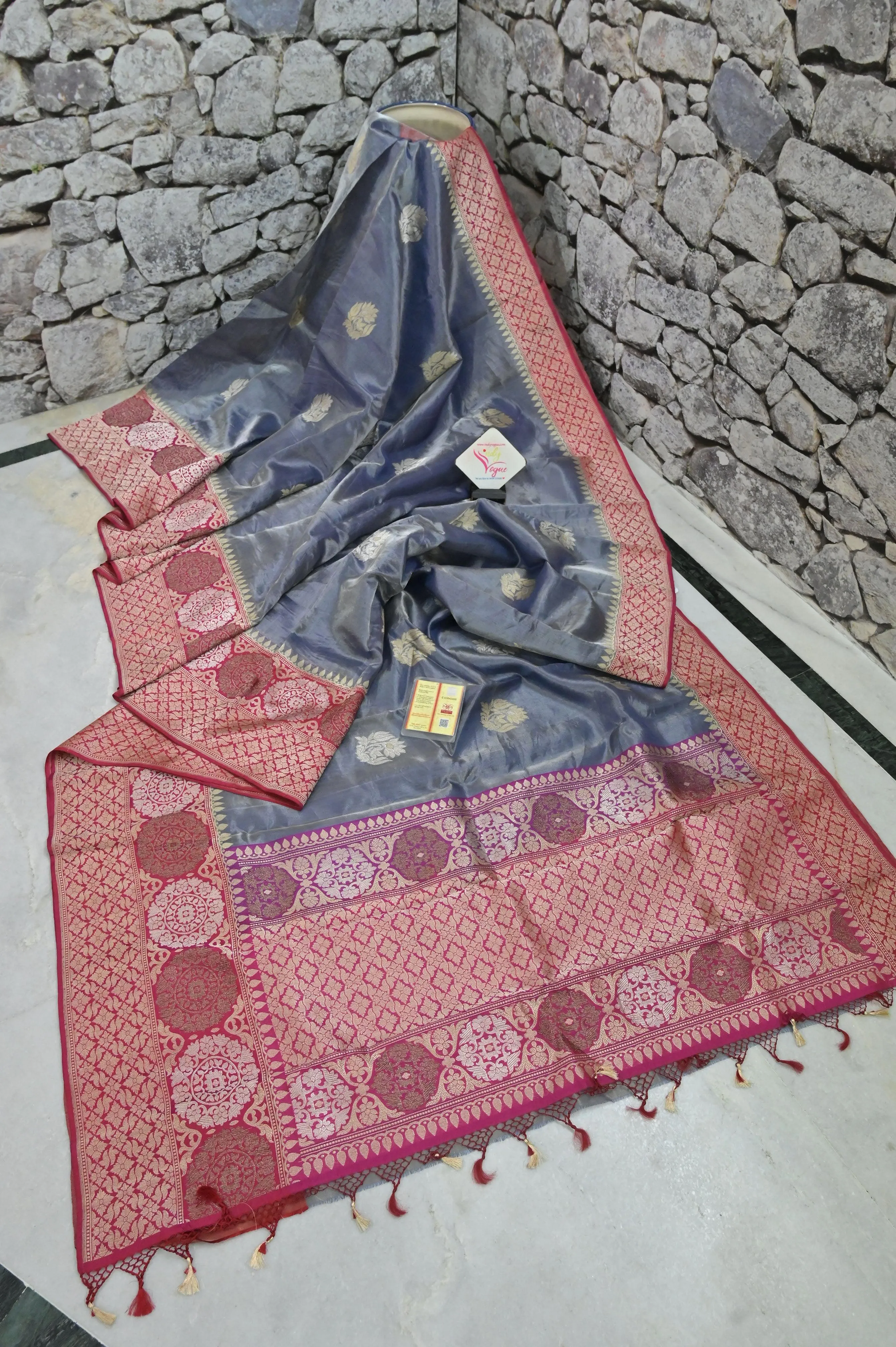 Dark Stone Gray Color Tissue Banarasi Silk Saree