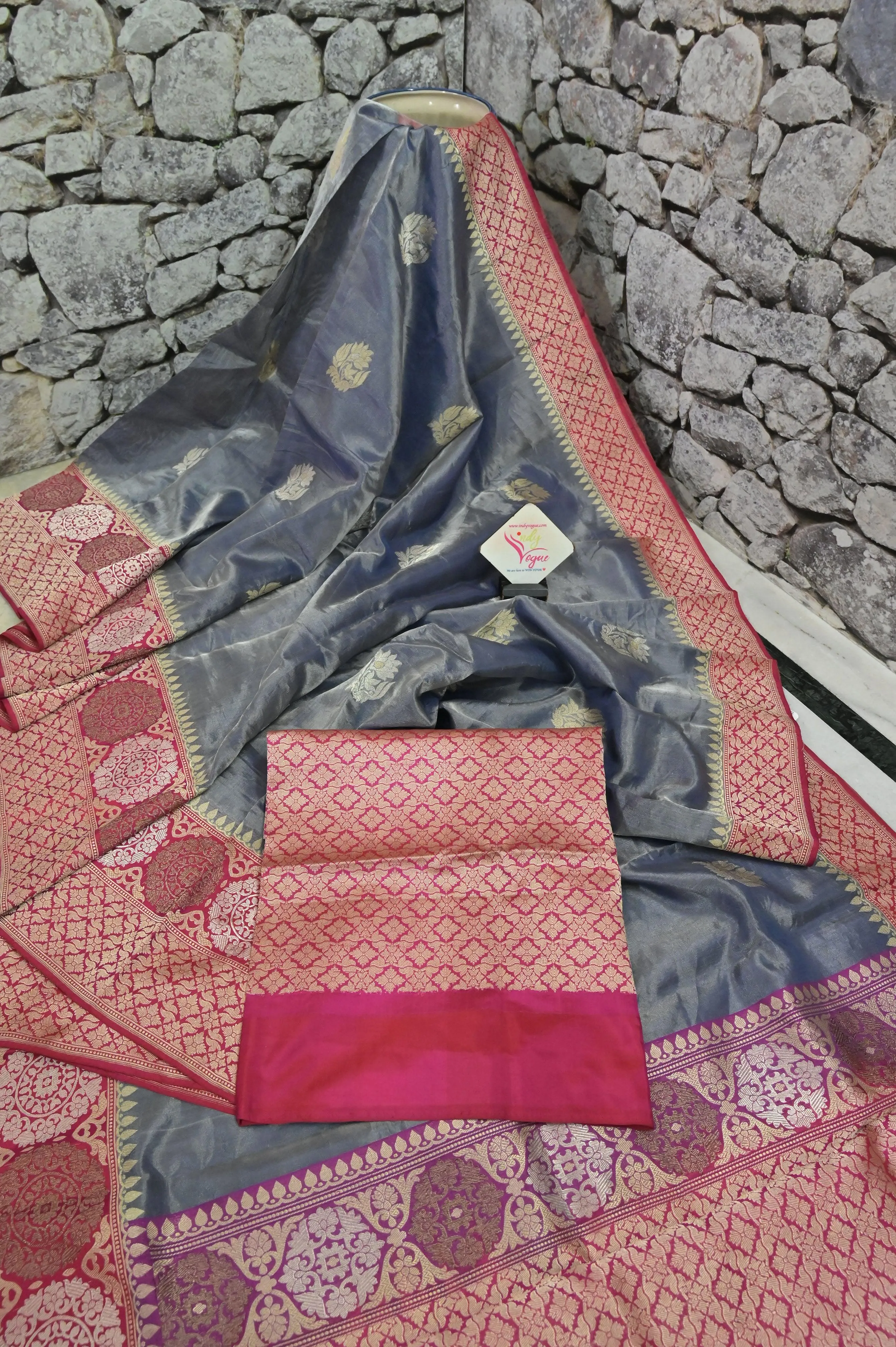 Dark Stone Gray Color Tissue Banarasi Silk Saree