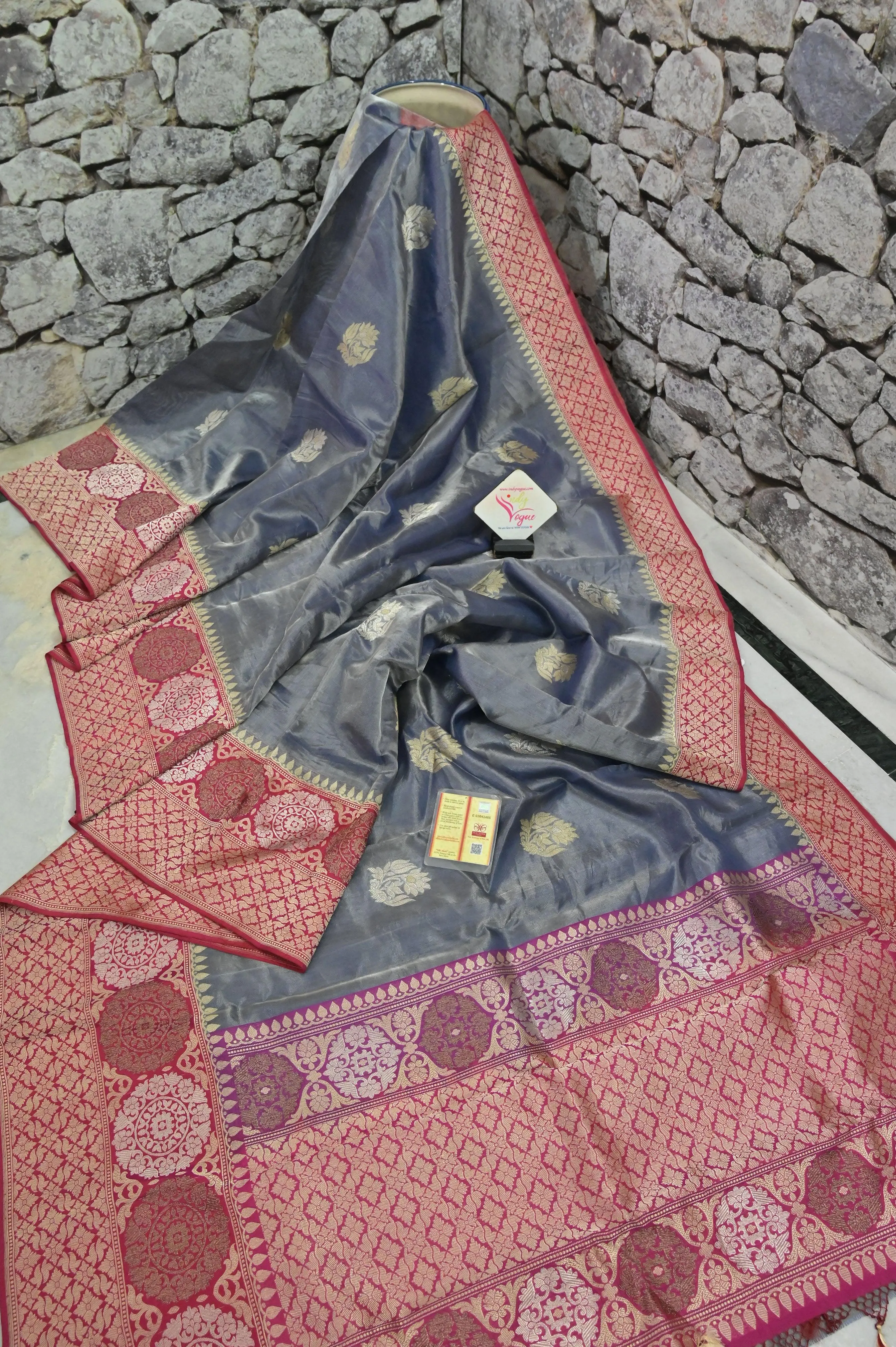 Dark Stone Gray Color Tissue Banarasi Silk Saree